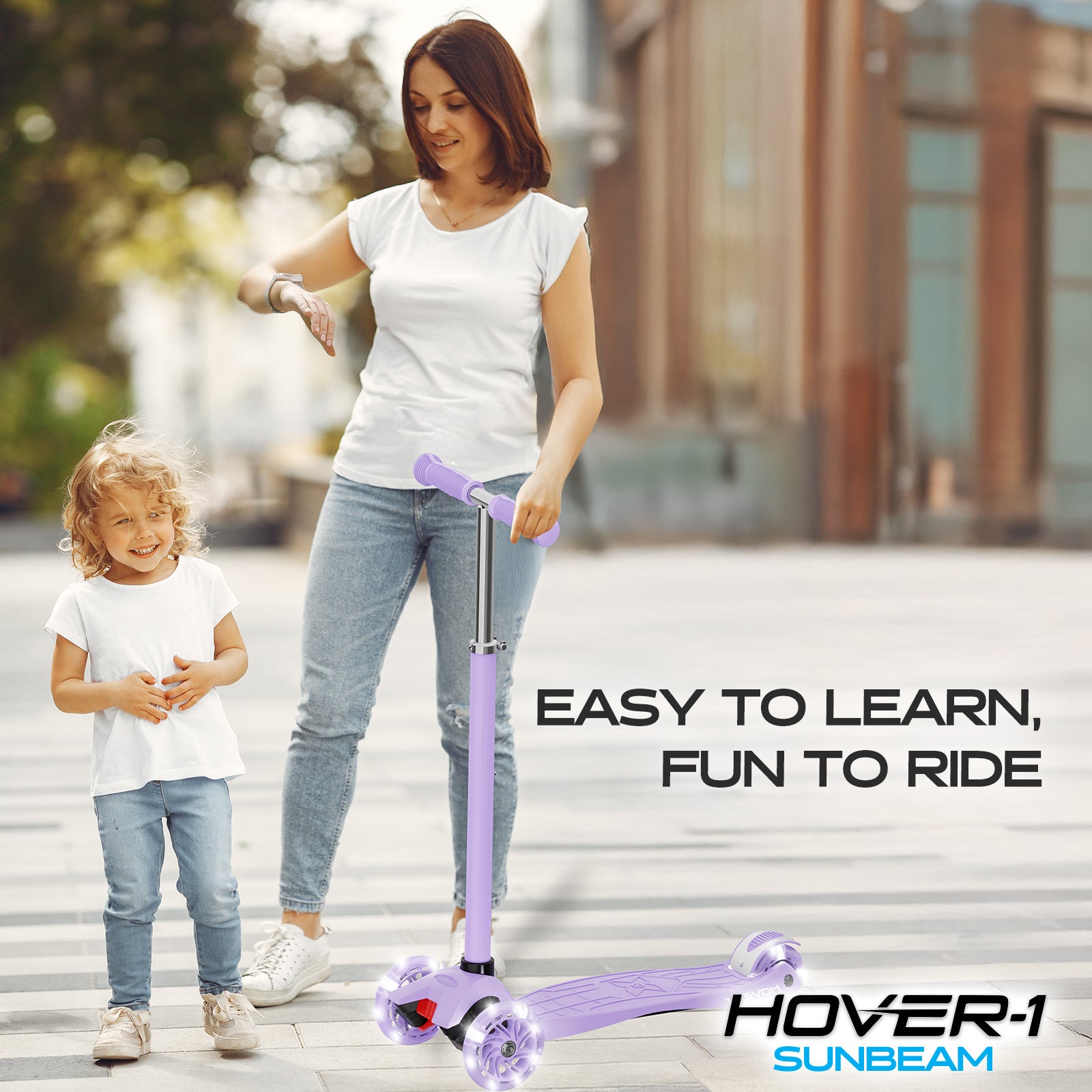 Hover-1 Sunbeam Kids Kick Scooter with Multicolor LED Wheel Lights – 3-Wheel Adjustable Height, 110 lb Capacity, Rear Foot Brake for Boys & Girls