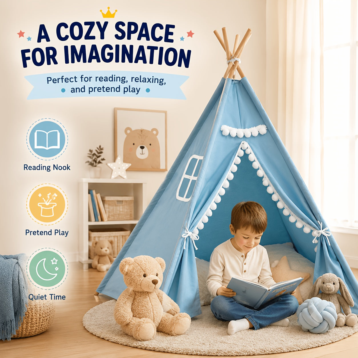 Kids Teepee Tent for Girls Boys, Indoor Outdoor Play Tent with Washable Fabric, Nordic Princess Conical Playhouse for Bedroom Backyard, Birthday Christmas Gift Ages 3+ (No Padding)