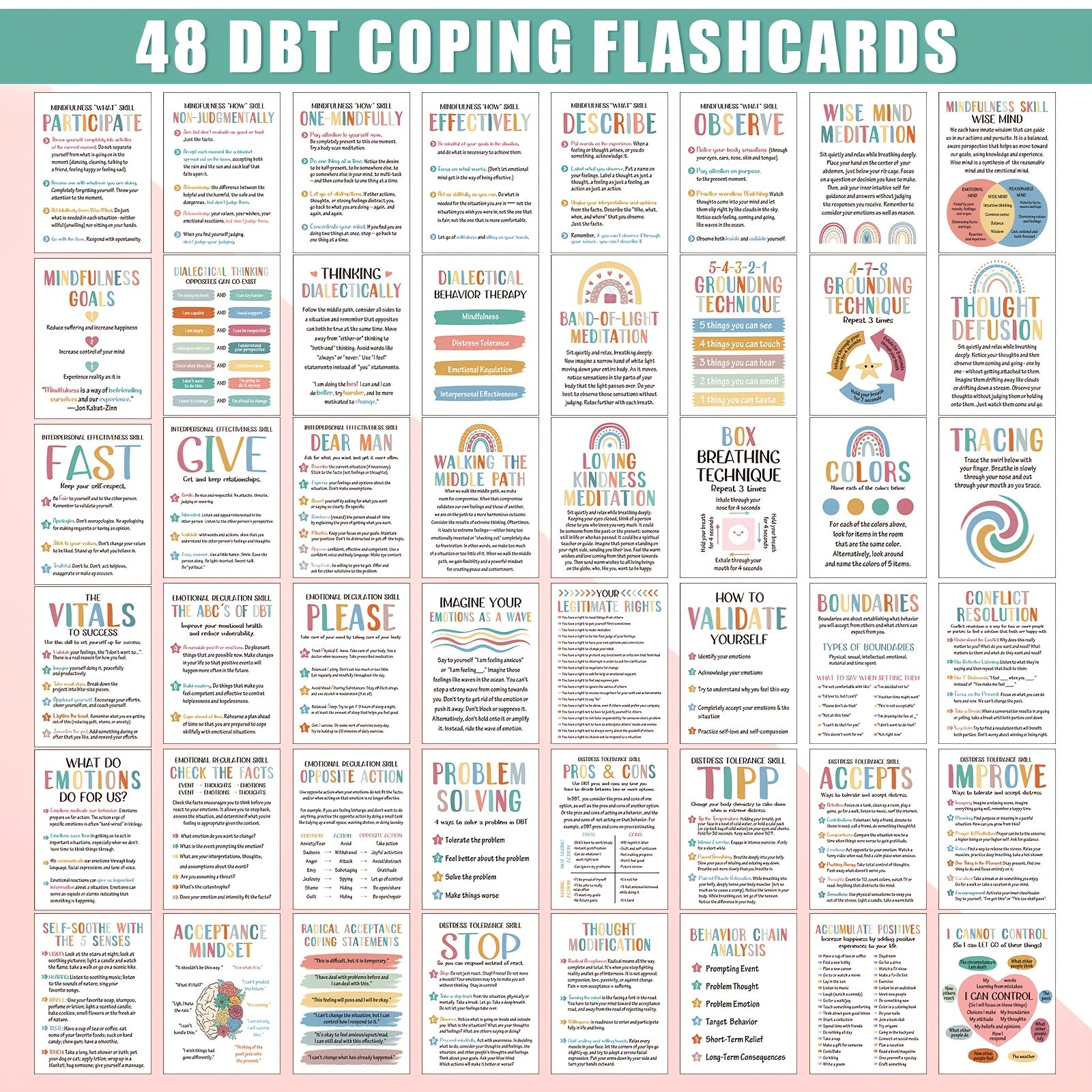 DBT Flashcards for Coping Skills – 48pcs Dialectical Behavior Therapy Cards with Binder Rings, Affirmations, Cognitive Distortions & Anxiety Management Tools for Therapists & Adults Ages 14+