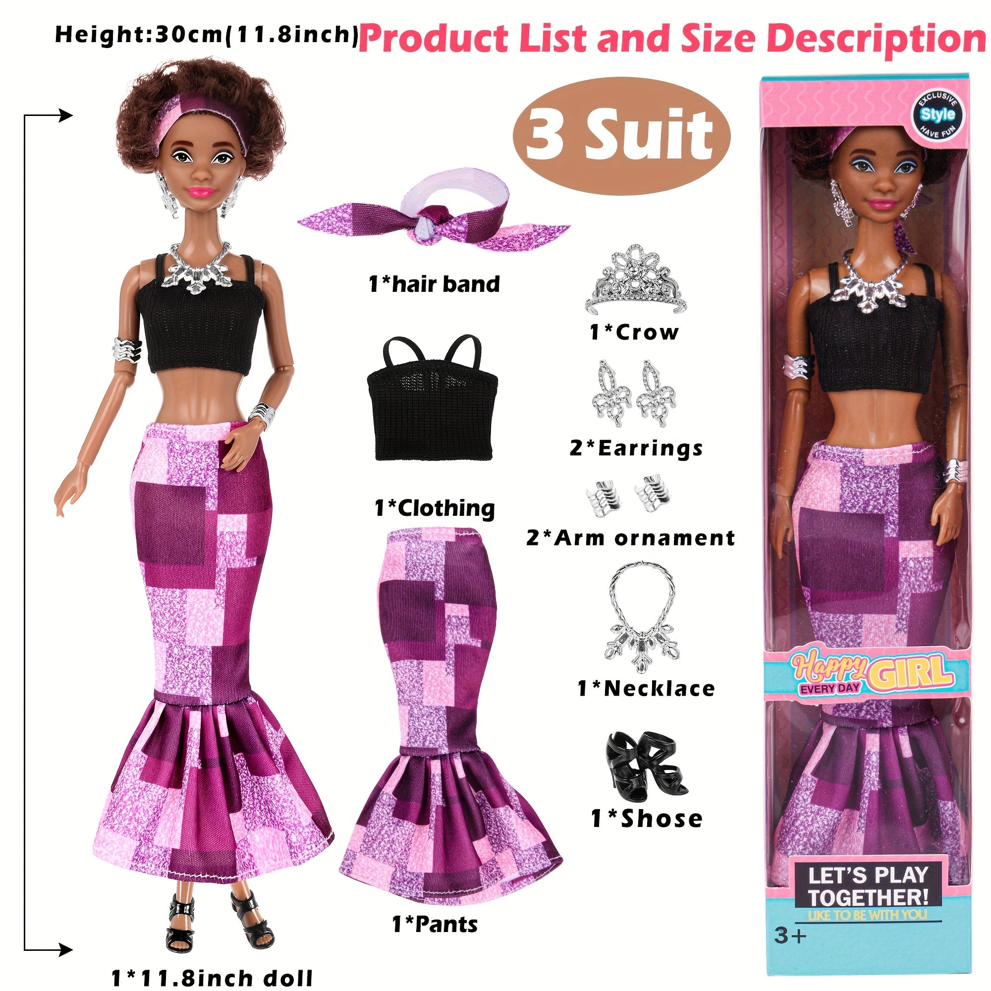 African American Curly Hair Fashion Dolls 6 Pack – 11.5 Inch Bohemian Style Dolls with Removable Outfits, Headscarf & Necklace, Diverse Doll Set Gift for Girls Ages 3+