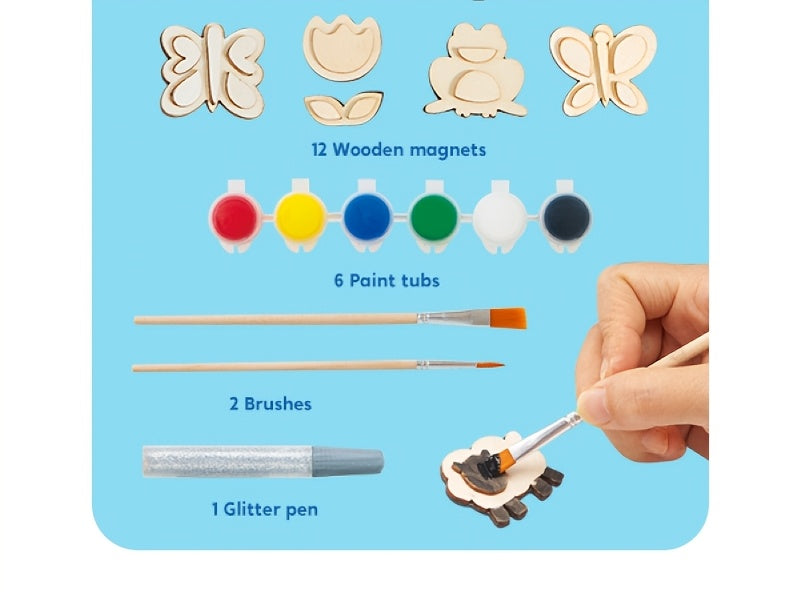 12 Wooden Magnet Painting Kit for Kids – DIY Arts & Crafts Set with Paint, Brush & Glitter Glue, Decorate Your Own Fridge Magnets, Easter Basket Stuffer, Birthday Party Favor for Boys Girls Ages 3+