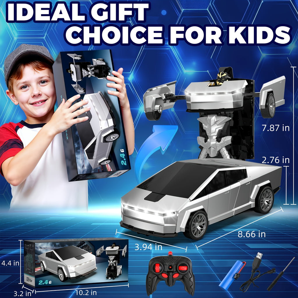 1:18 Scale One-Button Transforming Robot RC Car with LED Headlights - 360° Spinning & Drifting Remote Control Toy Car Birthday Christmas Easter Gift for Boys Girls