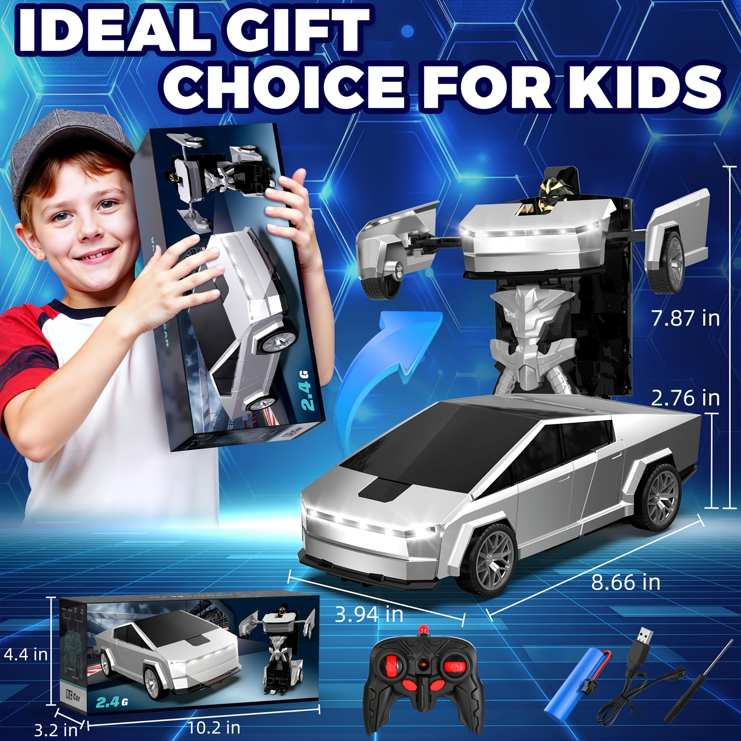 1:18 Scale One-Button Transforming Robot RC Car with LED Headlights - 360° Spinning & Drifting Remote Control Toy Car Birthday Christmas Easter Gift for Boys Girls