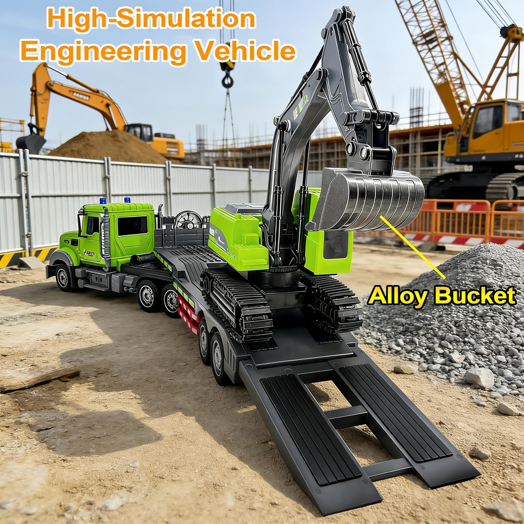 RC Semi Truck with Flatbed Trailer & Alloy Excavator 1:12 Scale 11-Channel - Construction Vehicle Set with Lights Sound, Engineering Toy Gift for Boys Ages 3+