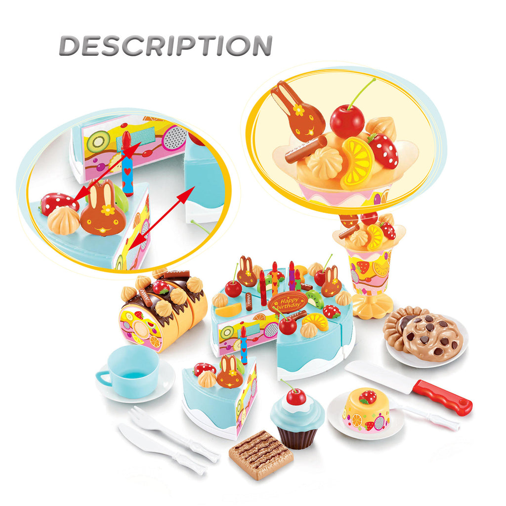 Birthday Cake Tea Party Play Food Toy Set Kids Pretend Play Cake Decorating Dessert Accessories 75-85pcs Girls Ages 3+