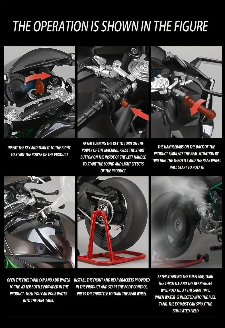 Die-Cast Motorcycle Model with Realistic Sound Effects & Exhaust Spray – 1:6 Scale Alloy Replica with LED Lights, Rotating Wheels & 8 Accessories, Collector Gift for Motorcycle Enthusiasts