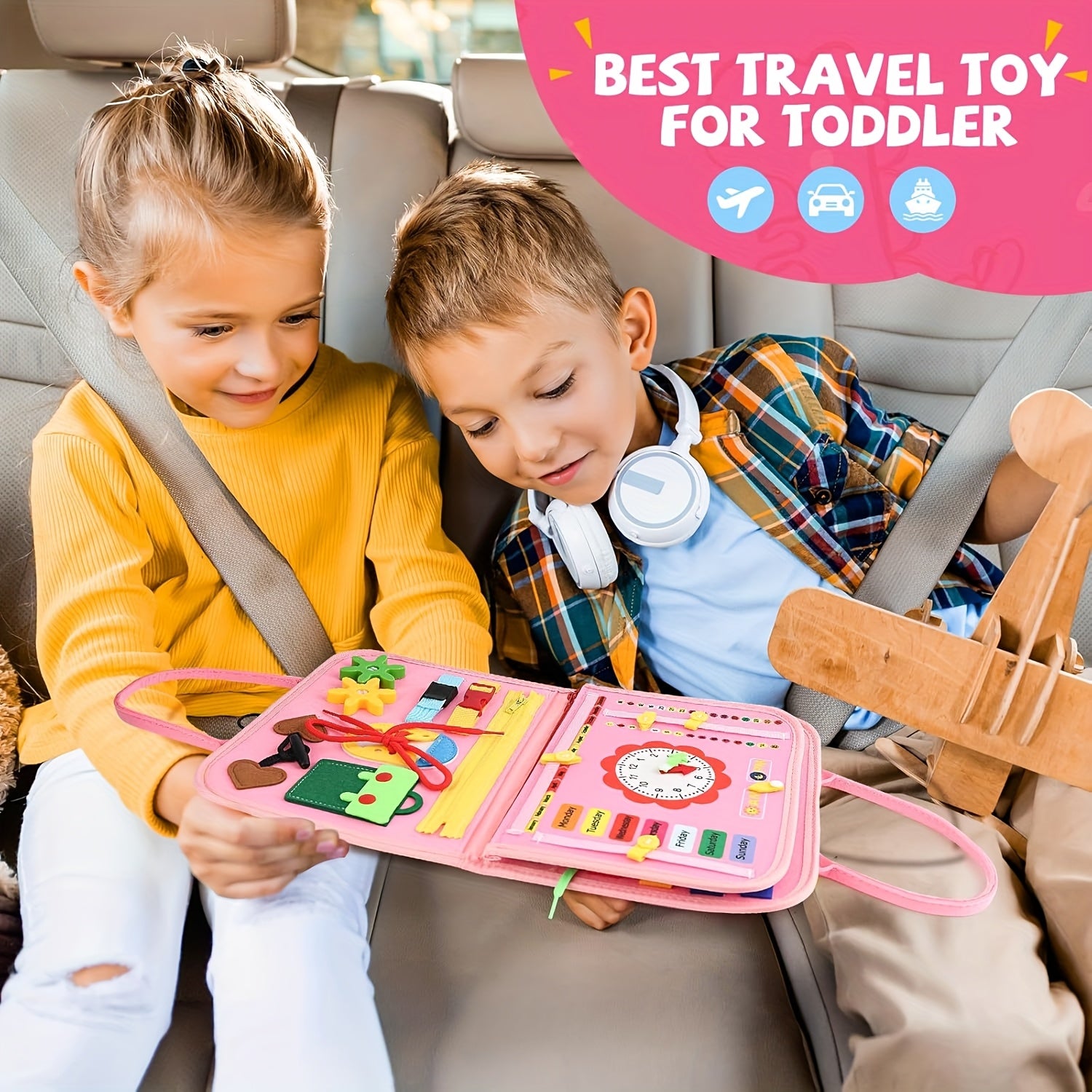Busy Board Sensory Learning Toy for Toddlers - Busy Book Educational Activity Toy for Girls Boys, Airplane Car Travel Toy, Birthday Gift for Toddler Ages 1 2 3