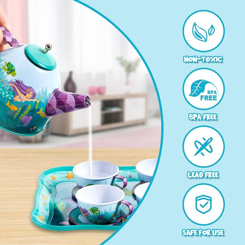 Mermaid Tea Party Set for Kids 35 Pcs Pretend Play Tin Teapot Set with Desserts 3-Tier Cake Stand Carrying Case Princess Tea Time Birthday Easter Christmas Gift