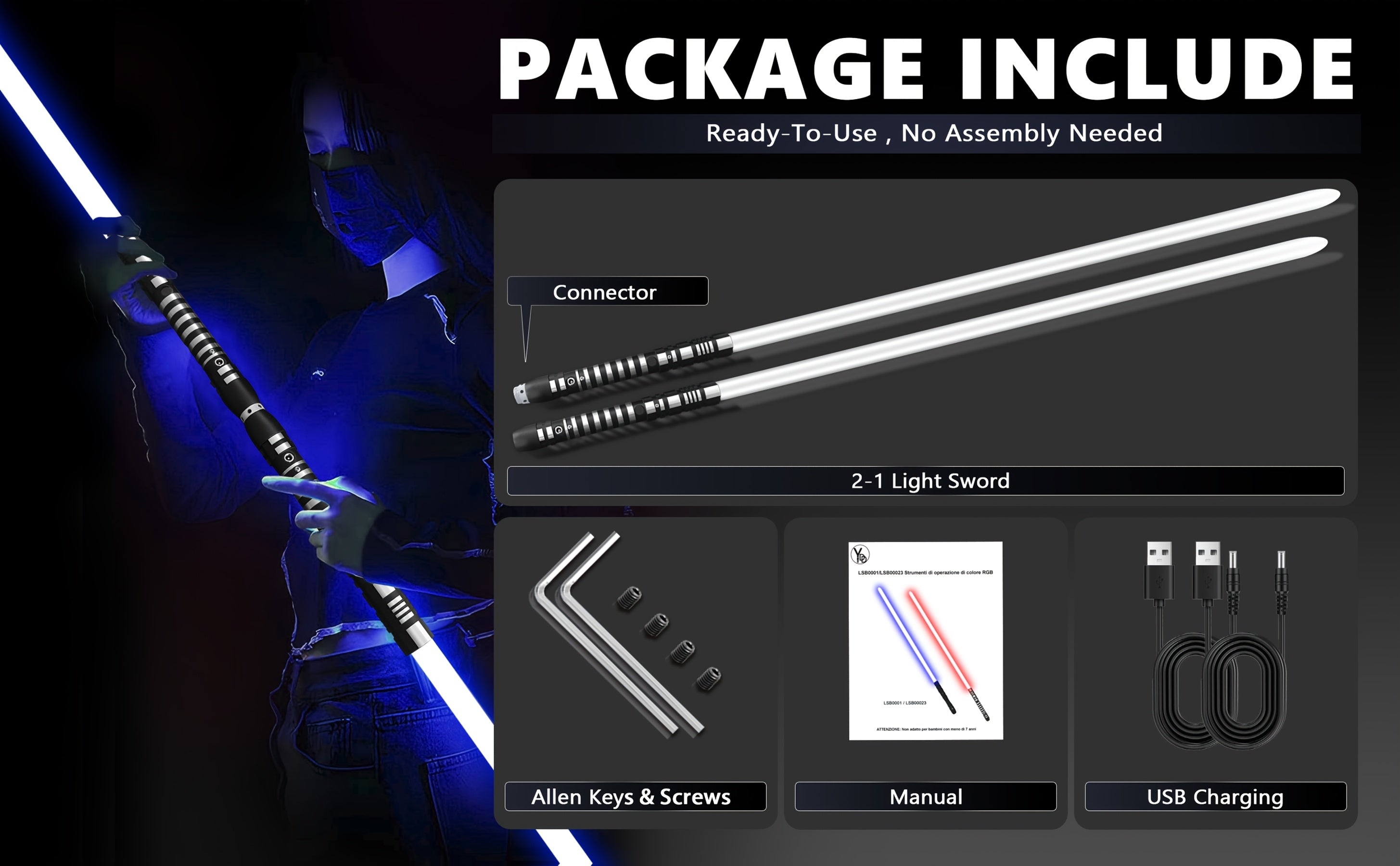 78 Inch Dueling Saber 2-in-1 Light Up Sword 16 Color Lights 3 Movie Sound Effects Mute Double Player Halloween Cosplay Birthday Party Gift