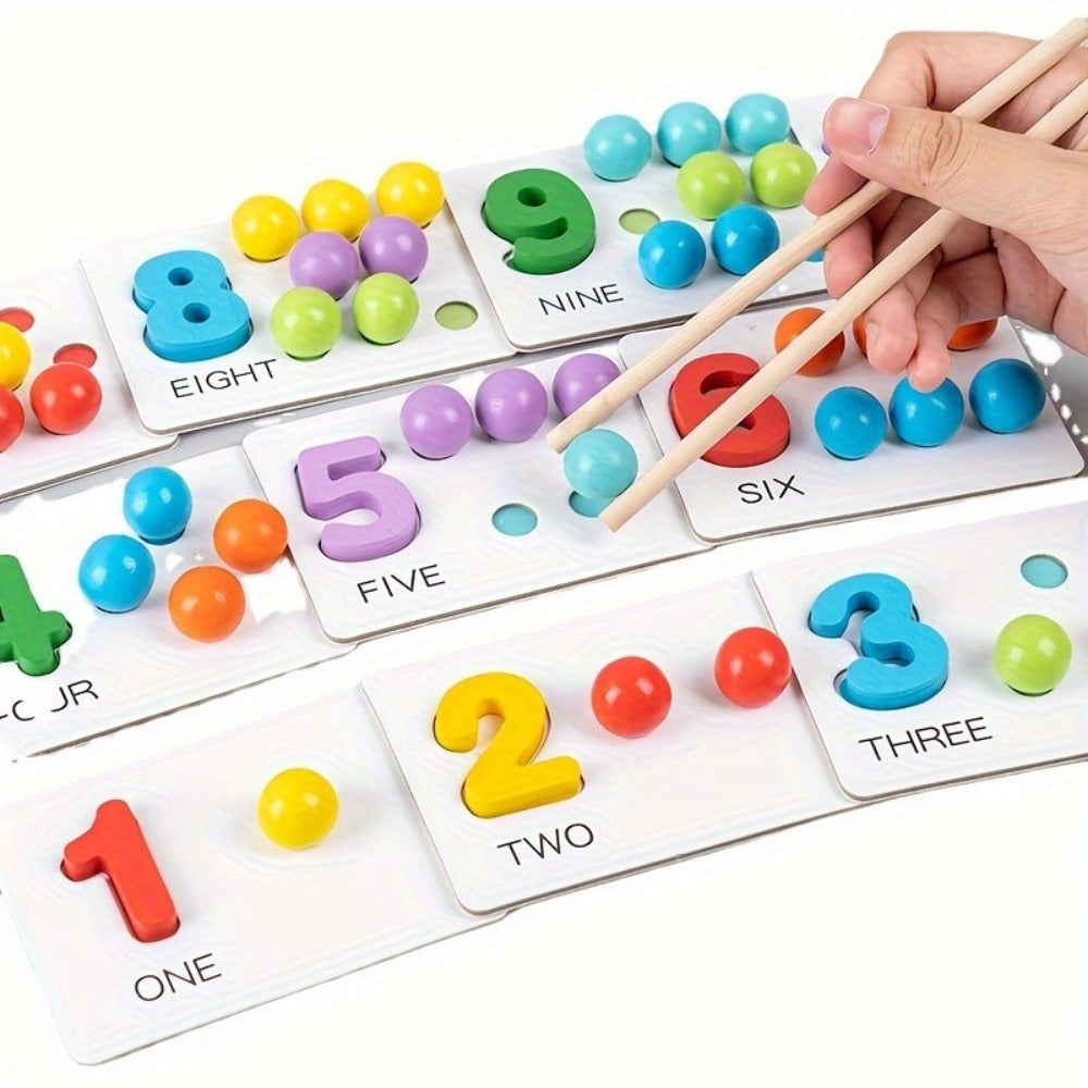 Colorful Wooden Bead Counting Set with Tweezers, Number Puzzle & Matching Cards – Fine Motor Skills Toy for Toddlers, STEM Learning Gift for Kids Ages 3+