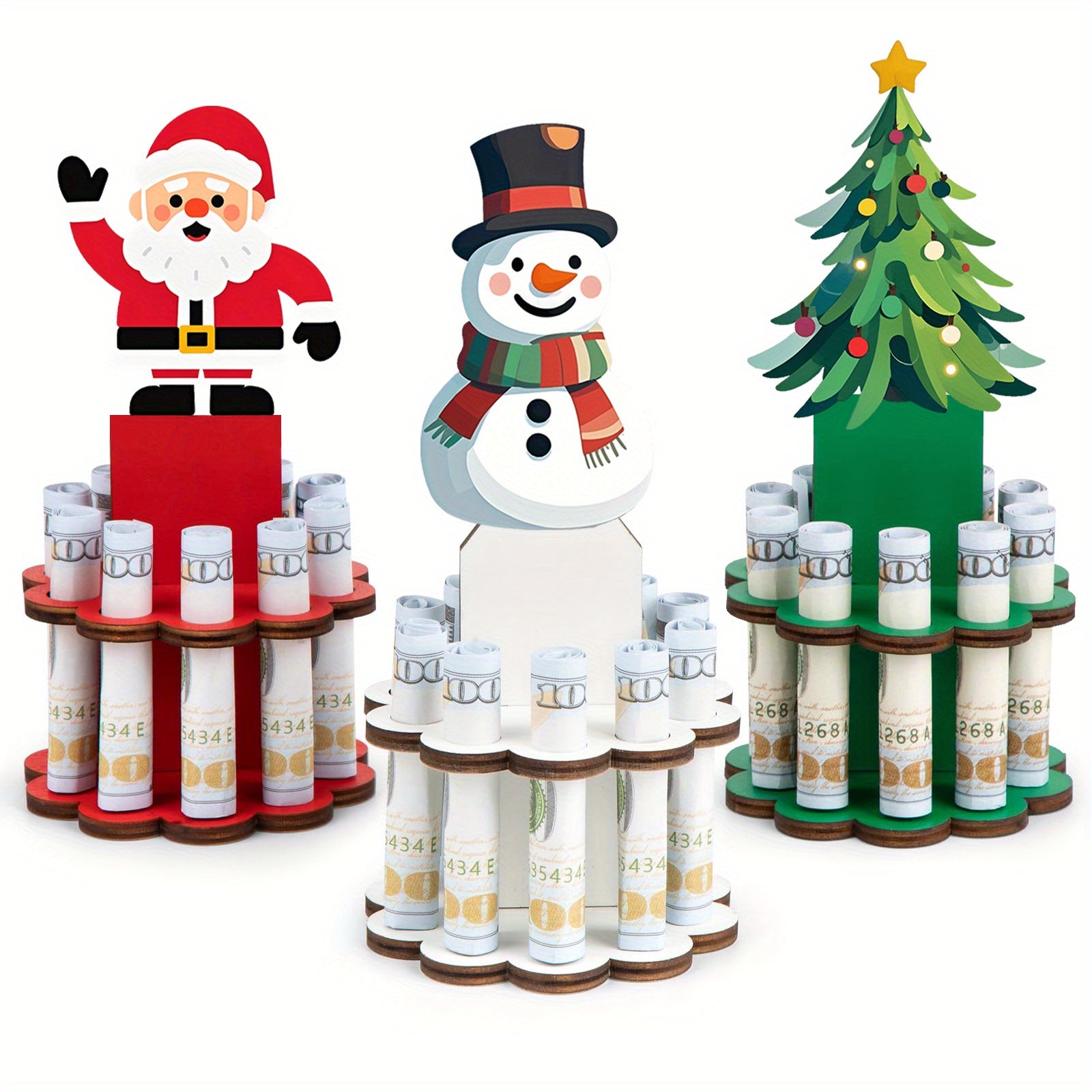 Christmas Money Holder Tree 3-Set Wooden Money Dispenser with 10 Holes – Xmas Ornament Table Decor for Holiday Party Favors Winter Gift Giving