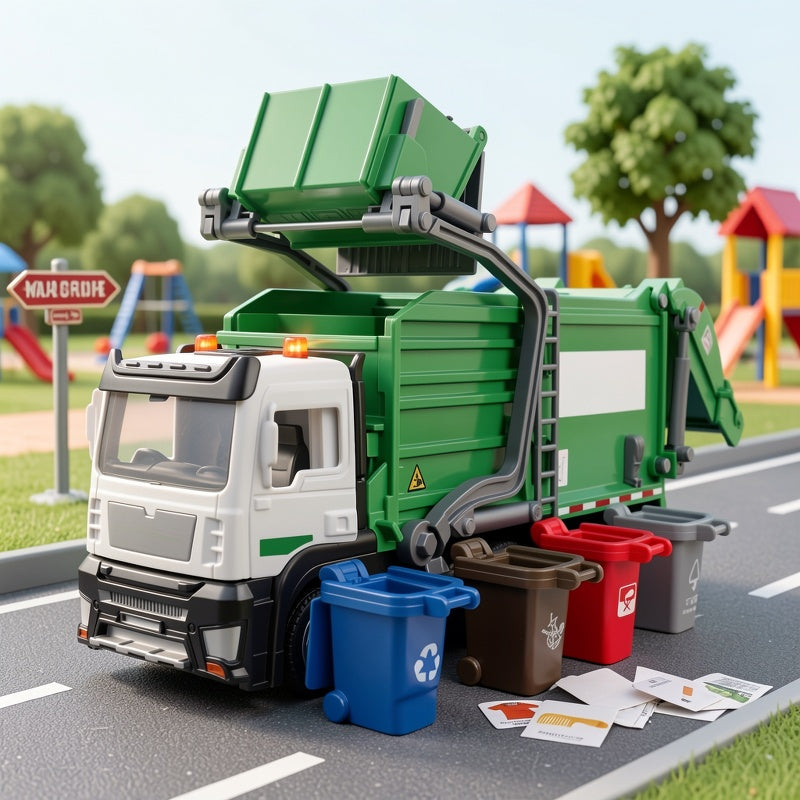 Garbage Truck Toy with Sound & Light for Kids – Includes 4 Trash Sorting Bins, Sanitation Engineering Vehicle Model, Fun Recycling Play Gift for Boys & Girls Ages 3+