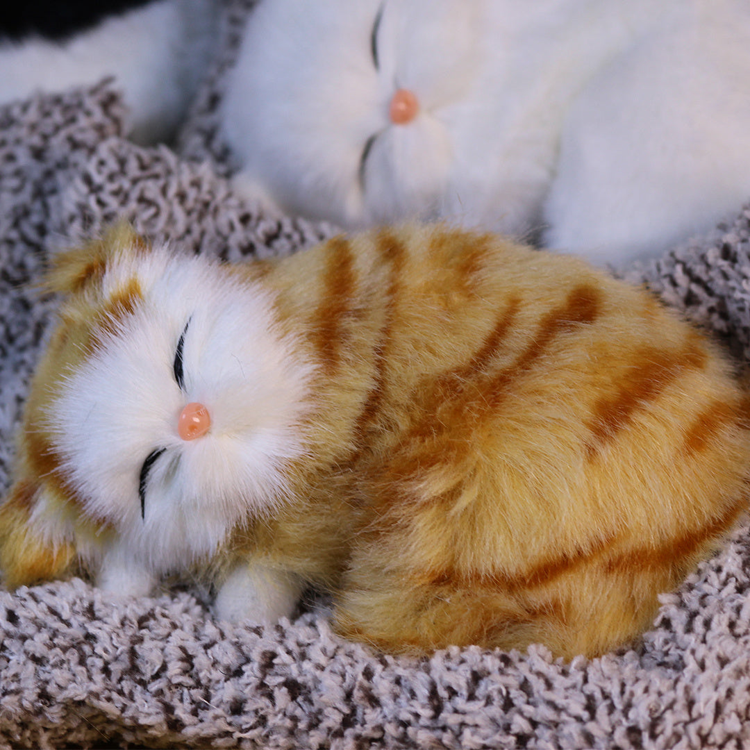 Sleeping Kitten Plush Toy with Meow Sound – Realistic Stuffed Cat Doll Soft Faux Fur, Press-Back Sound, Cute Mini Decor Gift for Kids & Cat Lovers