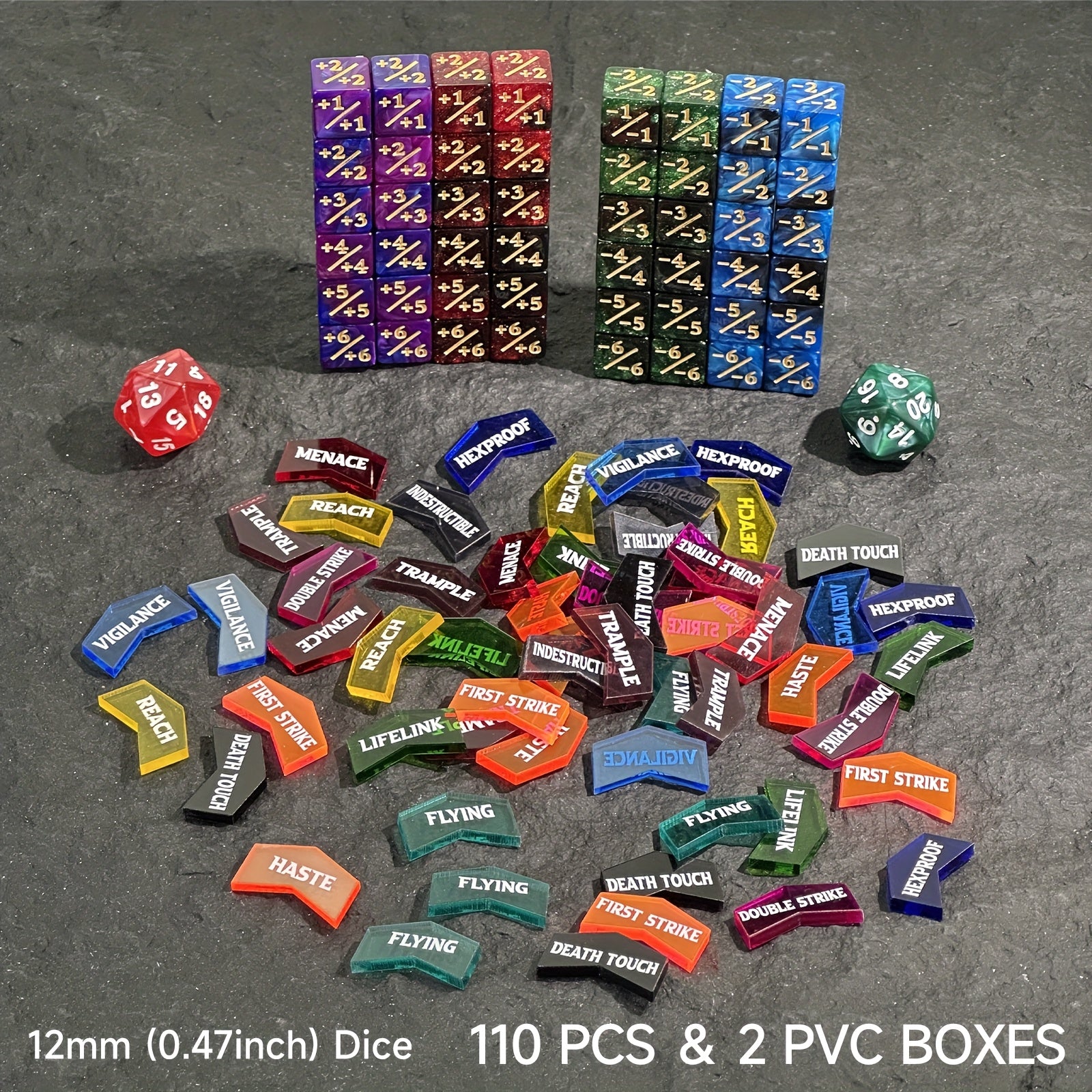 110pcs MTG Counter Dice Set Plus 1 Minus 1 Tokens D20 Keyword Counters 12mm 6-Sided Dice for Magic the Gathering TCG Card Game Accessories Gift