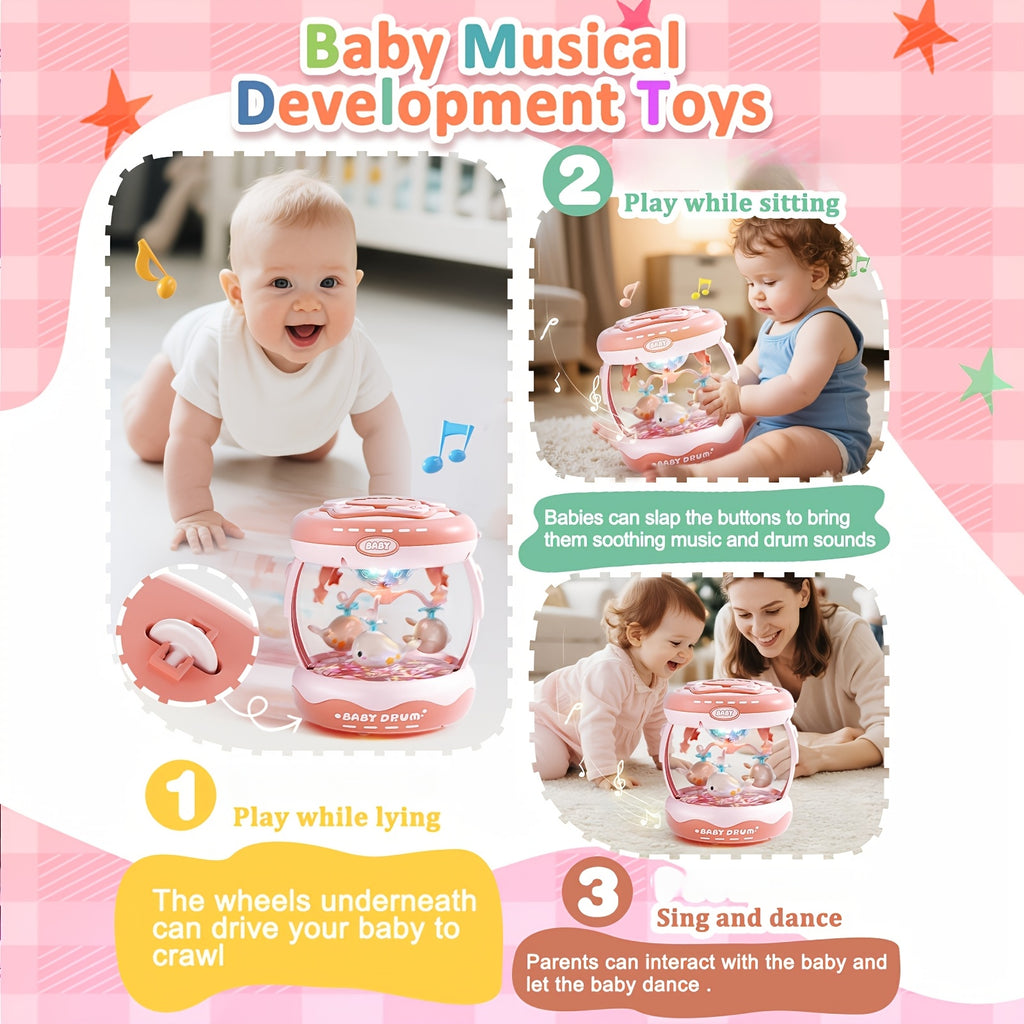 JOVOW Baby Rotating Projector Music Toy for 3 Months+ – Interactive Animal Sounds & Music, Multi-Functional Sensory Learning Toy for Infant Boys Girls, Party Music, Skills Development, Pink & Blue