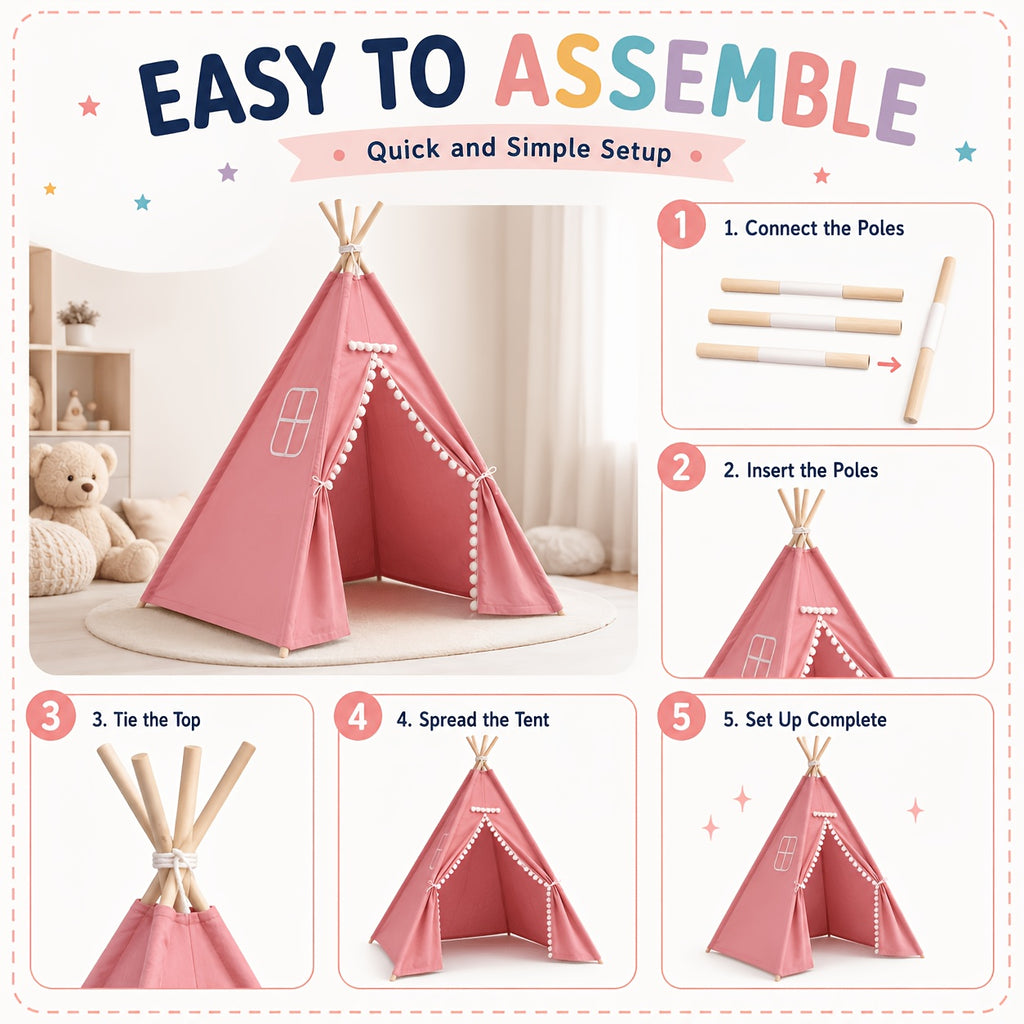 Kids Teepee Tent for Girls Boys, Indoor Outdoor Play Tent with Washable Fabric, Nordic Princess Conical Playhouse for Bedroom Backyard, Birthday Christmas Gift Ages 3+ (No Padding)