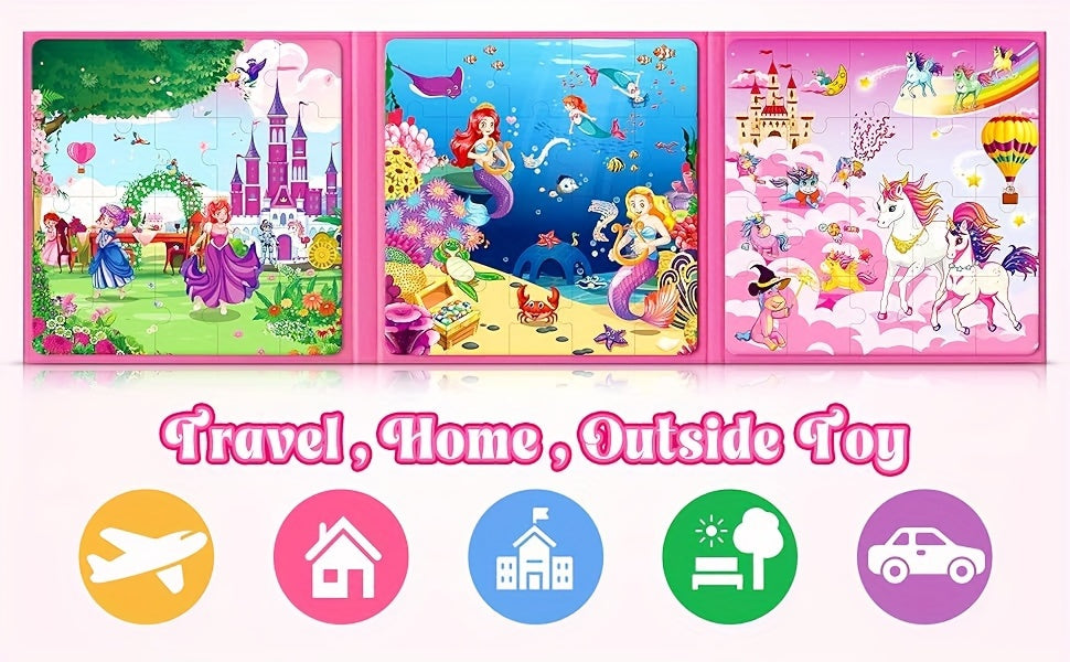 Magnetic Puzzle Book for Girls Ages 3 4 5 6 Unicorn Mermaid Princess 20pcs Travel Toy Toddler Busy Book Car Airplane Road Trip - Birthday Gift