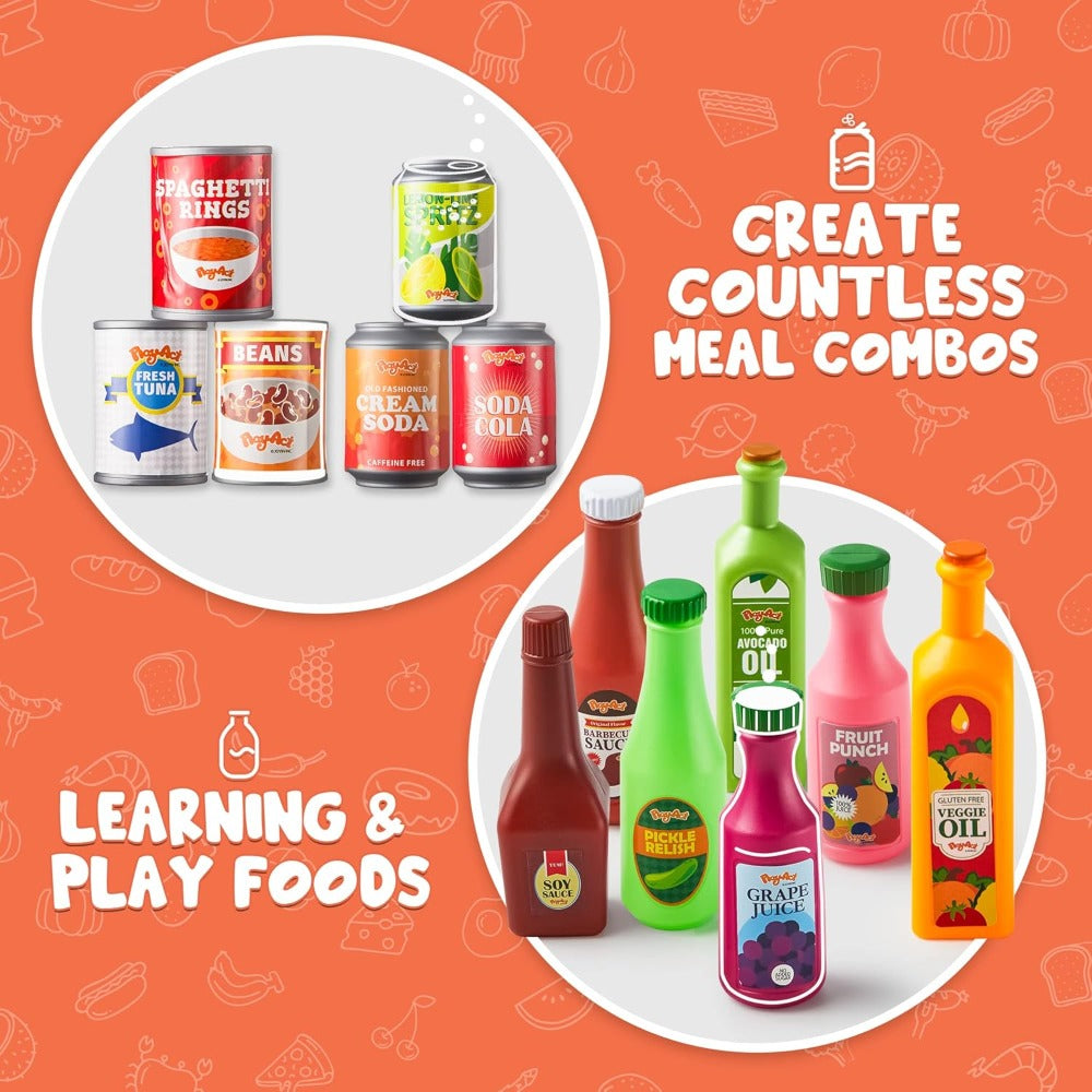 30-Piece Play Food Grocery Cans Set – Pretend Kitchen Additions with Drink, Juice, Snack & Yogurt Cans for Kids, Easter Basket Stuffers & Party Favors