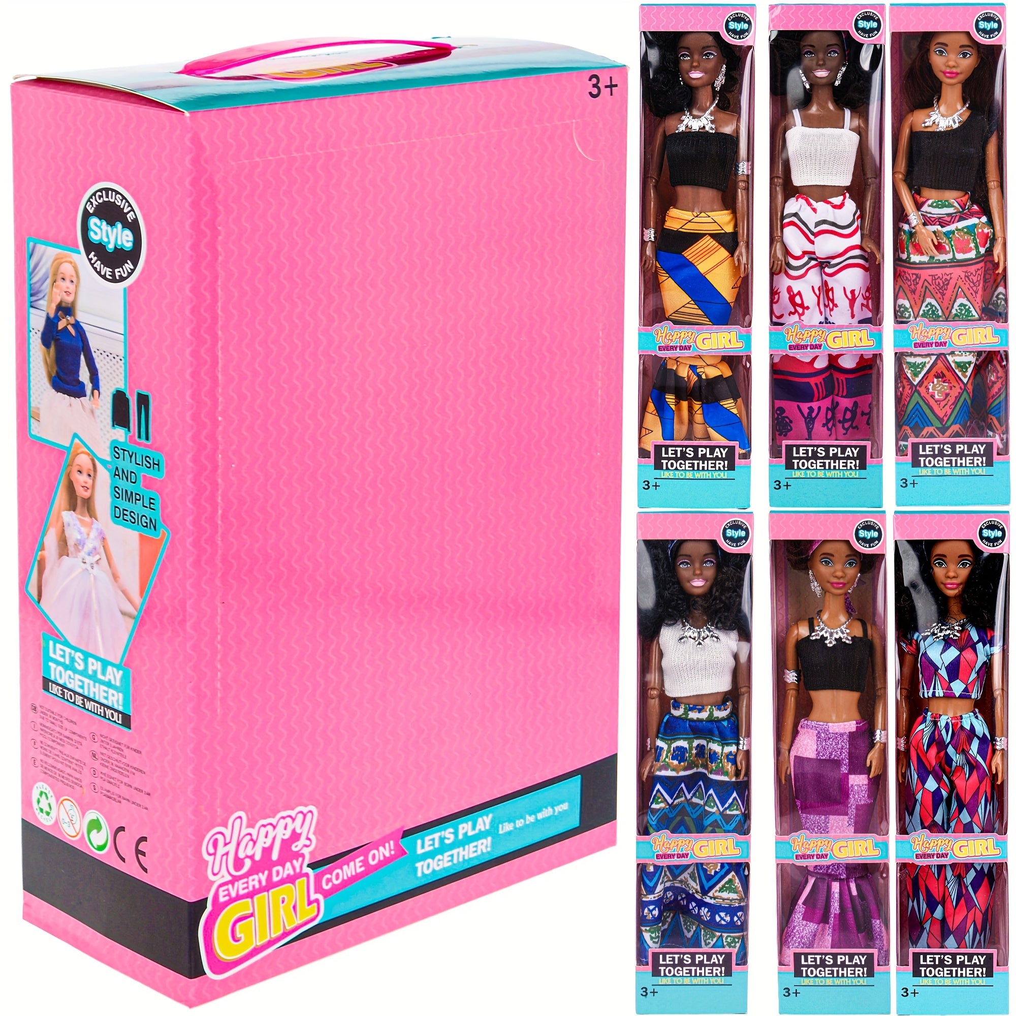 African American Fashion Dolls 6 Pack 11.5 Inch Curly Hair – Removable Career Outfits Gown Chef Nurse Flight Attendant Party Favors Gift for Girls Ages 3+