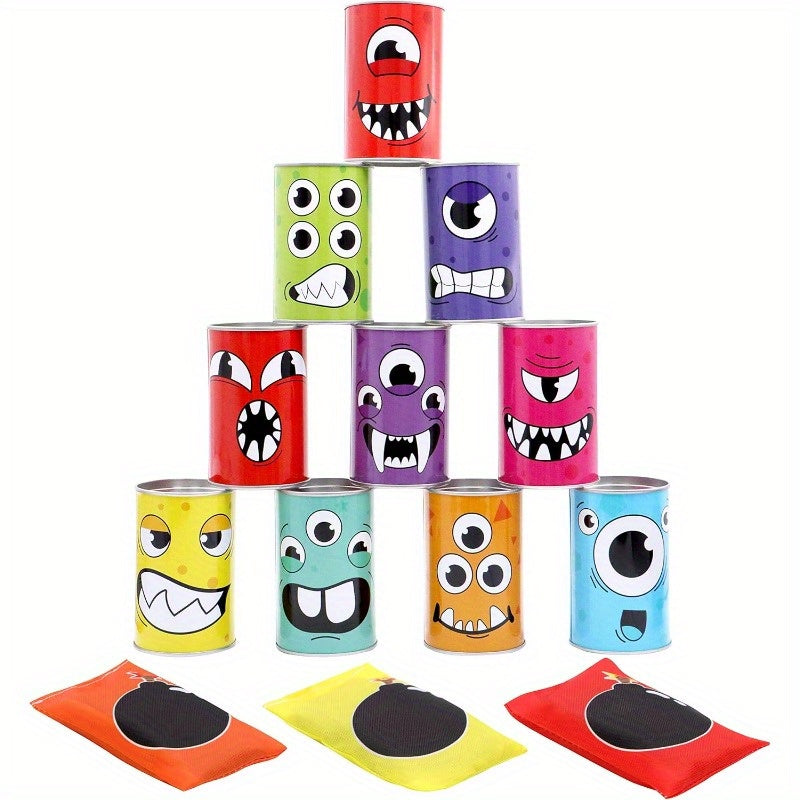 Monster Knockdown Can Game 13pcs – Carnival Bean Bag Toss Set for Kids Ages 3+ Outdoor Lawn Halloween Birthday Easter Party Favor Classroom Gift