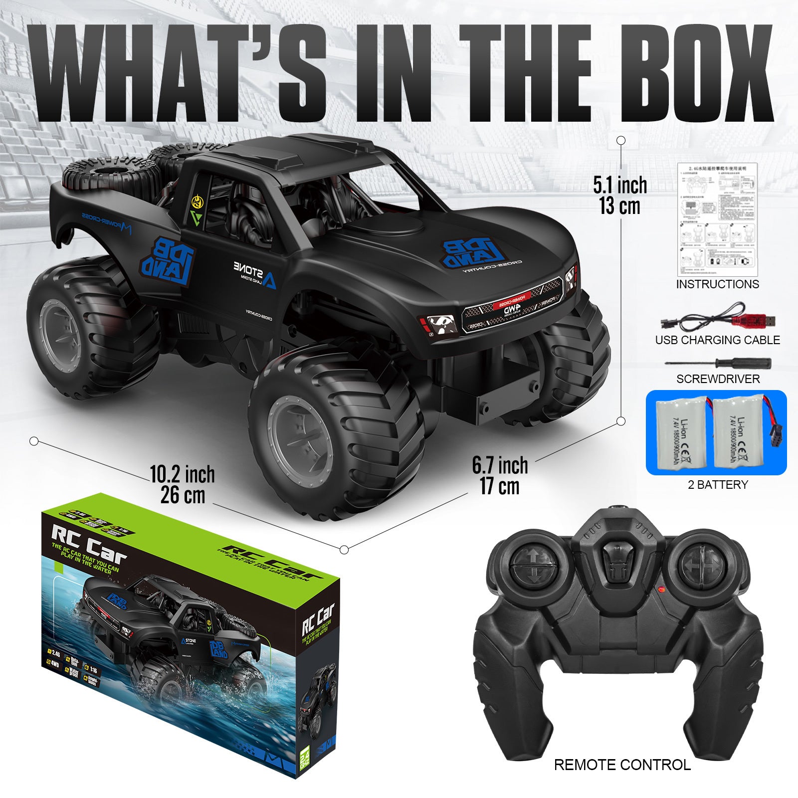 Amphibious RC Monster Truck 1:16 Scale 4WD Waterproof - 2 Rechargeable Batteries, All Terrain Off-Road RC Car for Kids Boys Ages 4-7, Birthday Gift