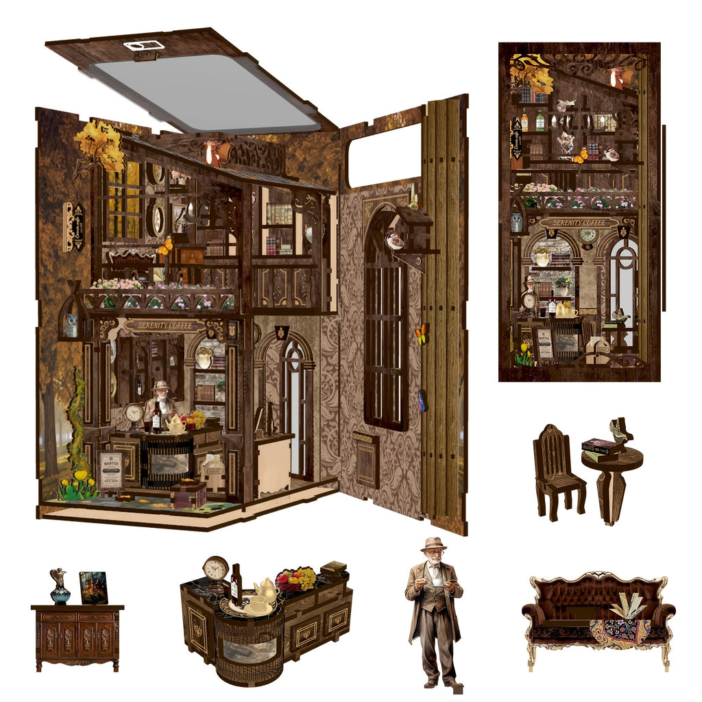DIY Miniature Book Nook Kit with LED Light Coffee House 3D Wooden Bookshelf Insert Puzzle Dustproof Craft Kit Gift for Adults Teens Craft Lovers