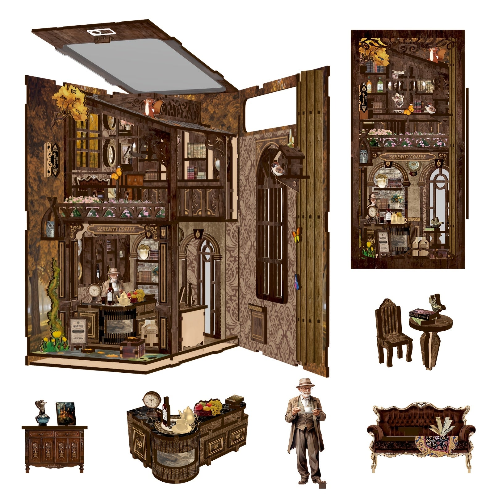 DIY Miniature Book Nook Kit with LED Light Coffee House 3D Wooden Bookshelf Insert Puzzle Dustproof Craft Kit Gift for Adults Teens Craft Lovers