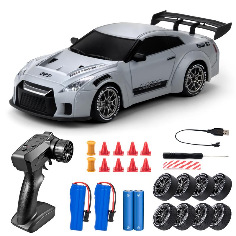 4WD RC Drift Car with Dual Rechargeable Batteries, 1:24 Scale 2.4GHz Remote Control Racer with LED Lights and Swap Tires for Kids Ages 5+