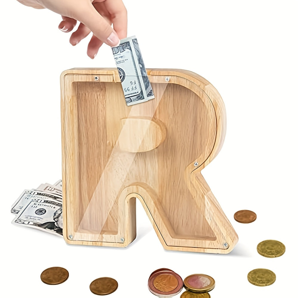 Wooden Alphabet Piggy Bank Money Jar – Large Personalized Letter Coin Savings Bank, Kids & Adults Christmas Birthday Gift, 26 Models A-Z