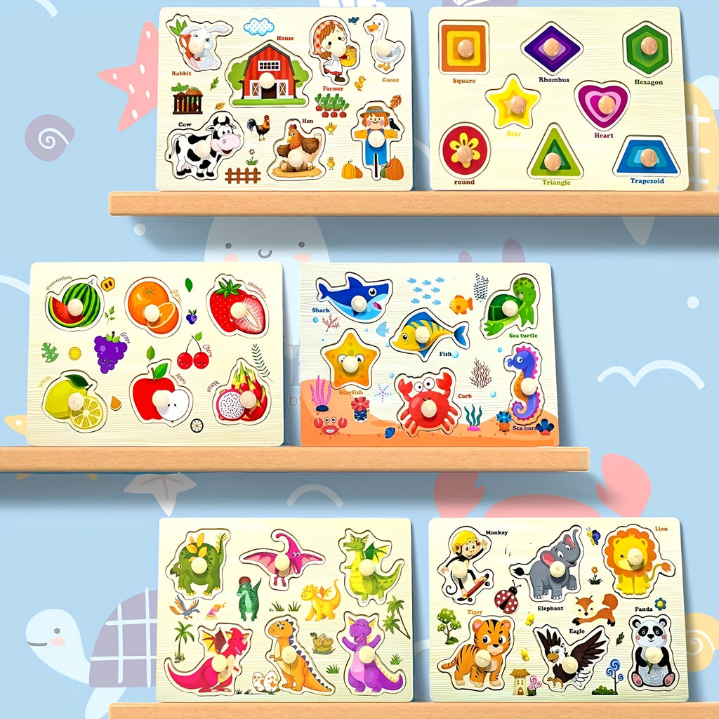 Wooden Jigsaw Puzzles for Toddlers Preschoolers Farm Animal Dinosaur Fruit Shape Number Educational STEM Toy Boys Girls Ages 2-5