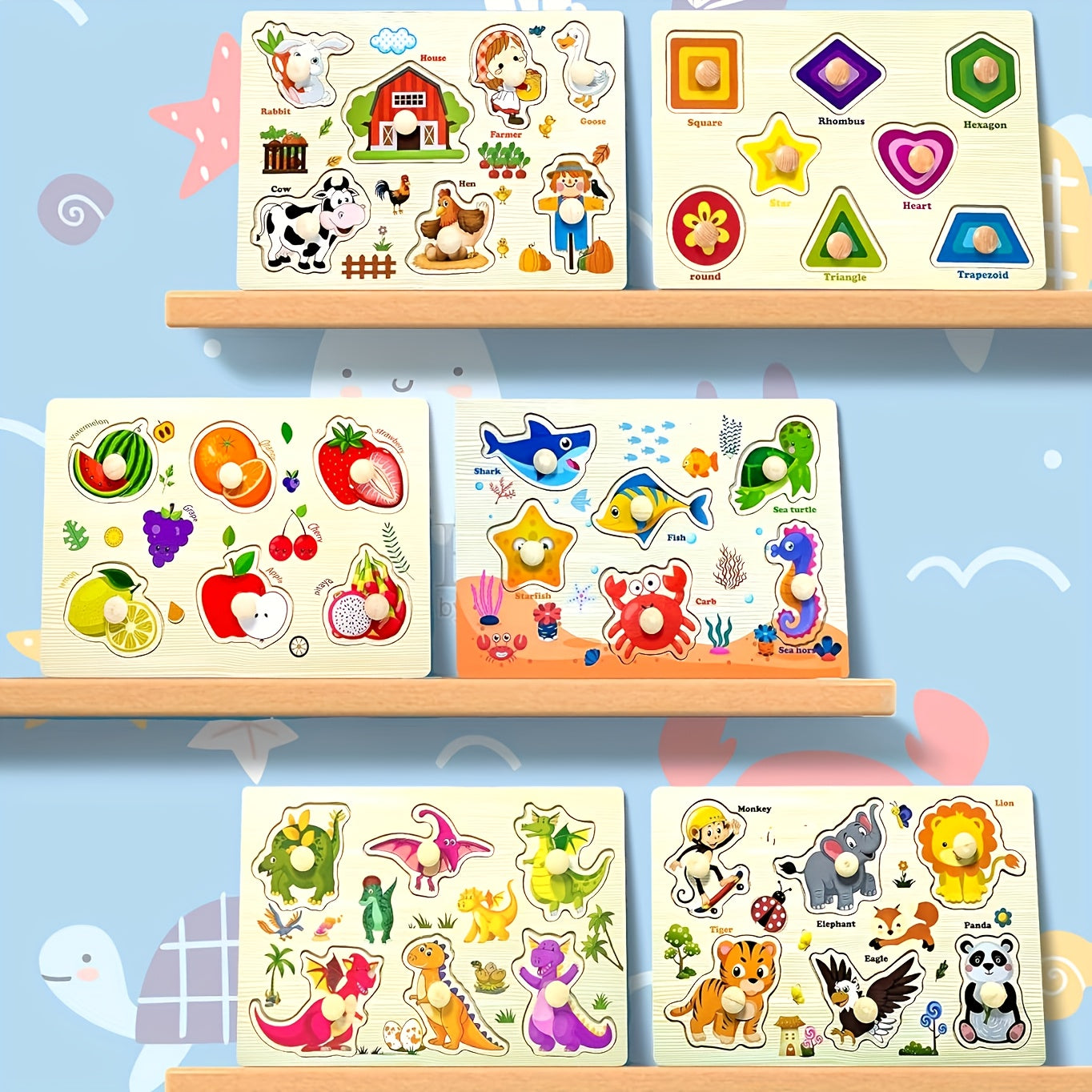 Wooden Jigsaw Puzzles for Toddlers Preschoolers Farm Animal Dinosaur Fruit Shape Number Educational STEM Toy Boys Girls Ages 2-5