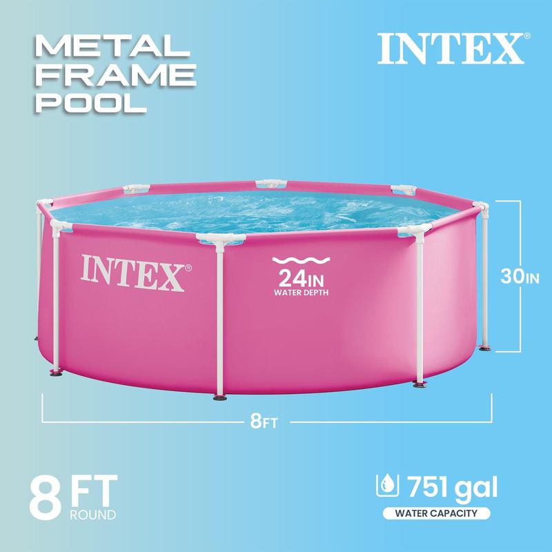 Above Ground Swimming Pool, INTEX Pink Metal Frame Round or Rectangular Backyard Pool in Multiple Sizes, Pool Only or Cover Only Options