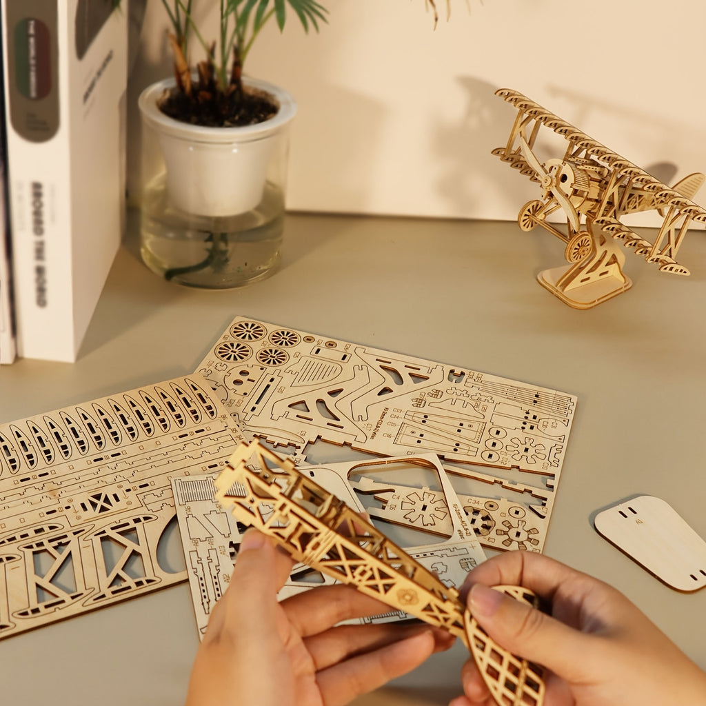 3D Wooden Puzzle Bi-Plane Model Kit – DIY Wood Craft Biplane Building Set, Handmade Gift for Kids Teens Adults, Christmas Birthday Gift