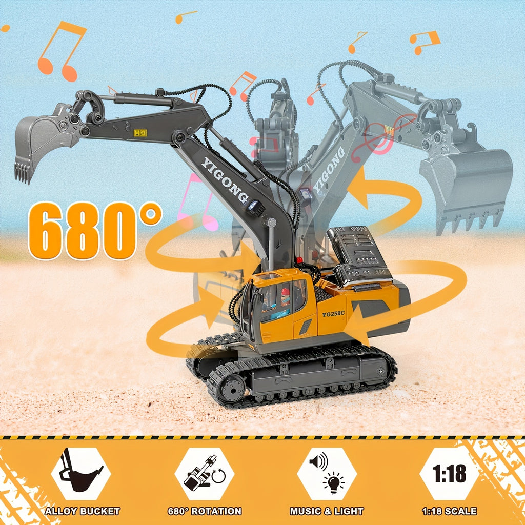 Remote Control Excavator Toy Metal Shovel LED Light 1200mAh RC Construction Truck Set Loader Garbage Truck Combo Boys Kids Ages 6+ Birthday Christmas Gift