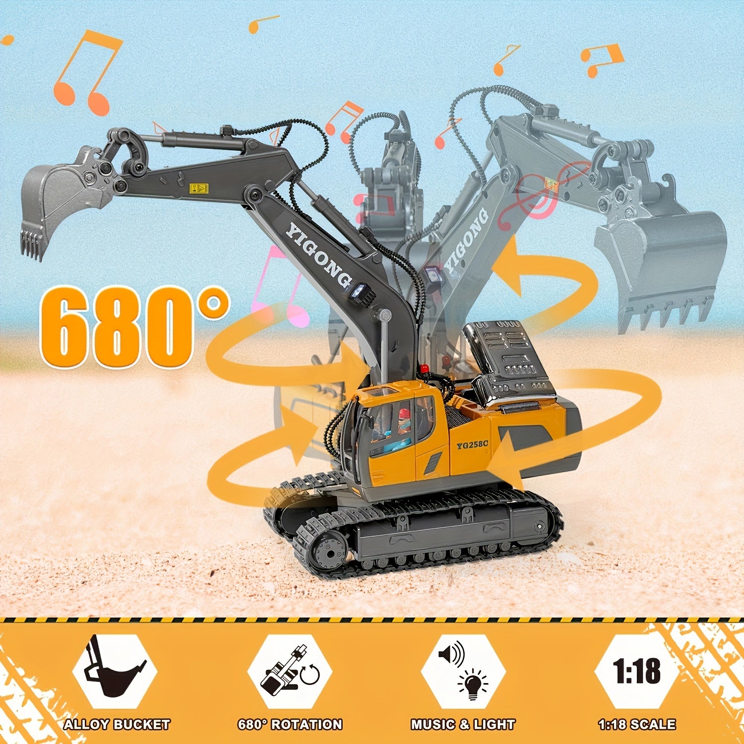Remote Control Excavator Toy Metal Shovel LED Light 1200mAh RC Construction Truck Set Loader Garbage Truck Combo Boys Kids Ages 6+ Birthday Christmas Gift