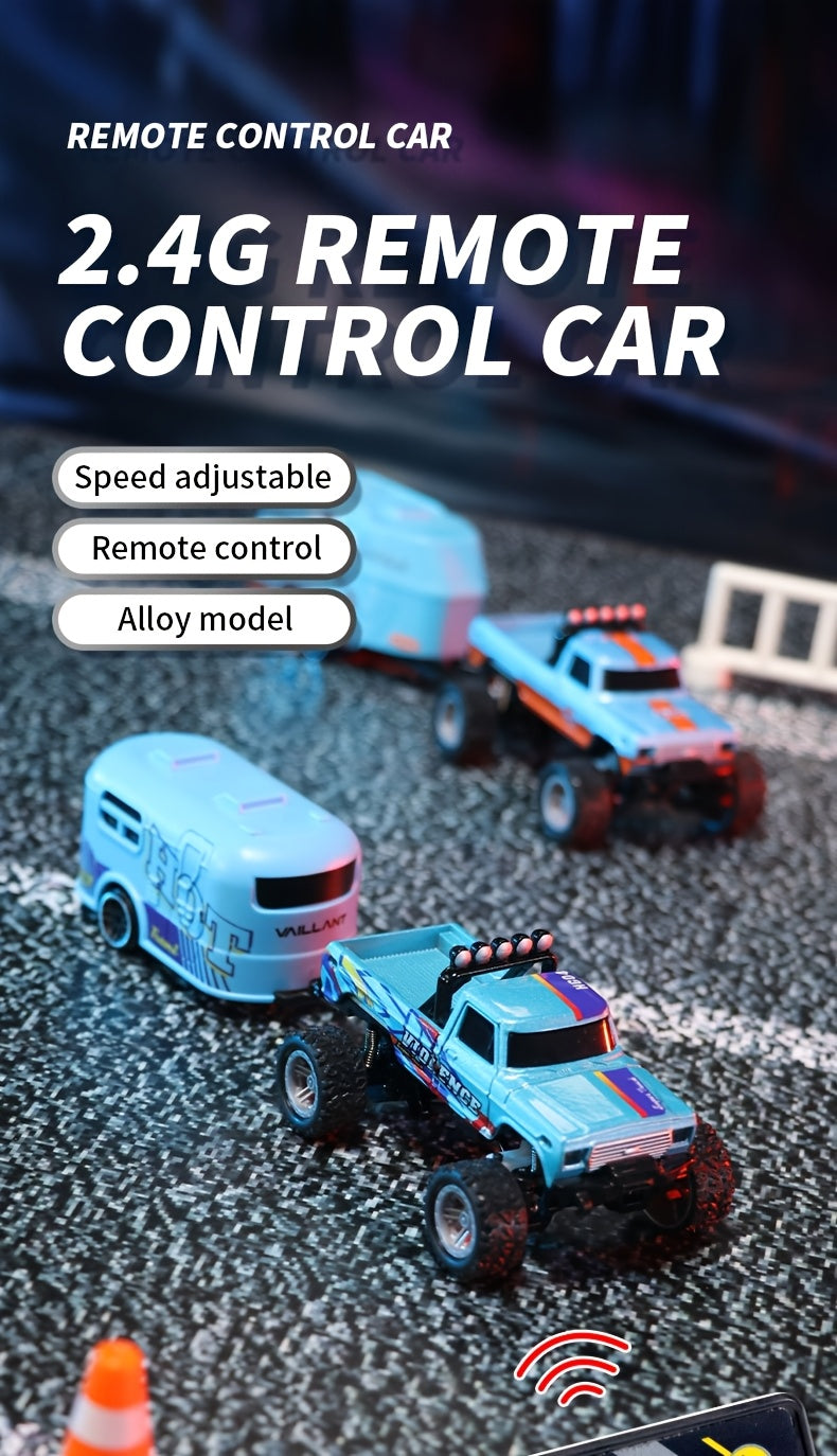 1:64 Mini RC Alloy Monster Truck with Trailer - 2.4GHz Off-Road Pickup Rock Crawler, Body Lights & Headlights, Tabletop Decor, Birthday Christmas Gift for Boys