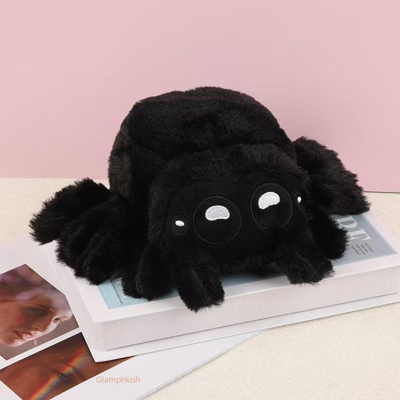 Huggable Spider Plush Figurine - Soft Fluffy Polyester Stuffed Animal Decoration, Squishy Fidget Poseable Toy, Halloween Party Supplies & Spooky Cute Home Decor, Fun Gift for Kids Adults Spider Lovers, Brown Gray Black