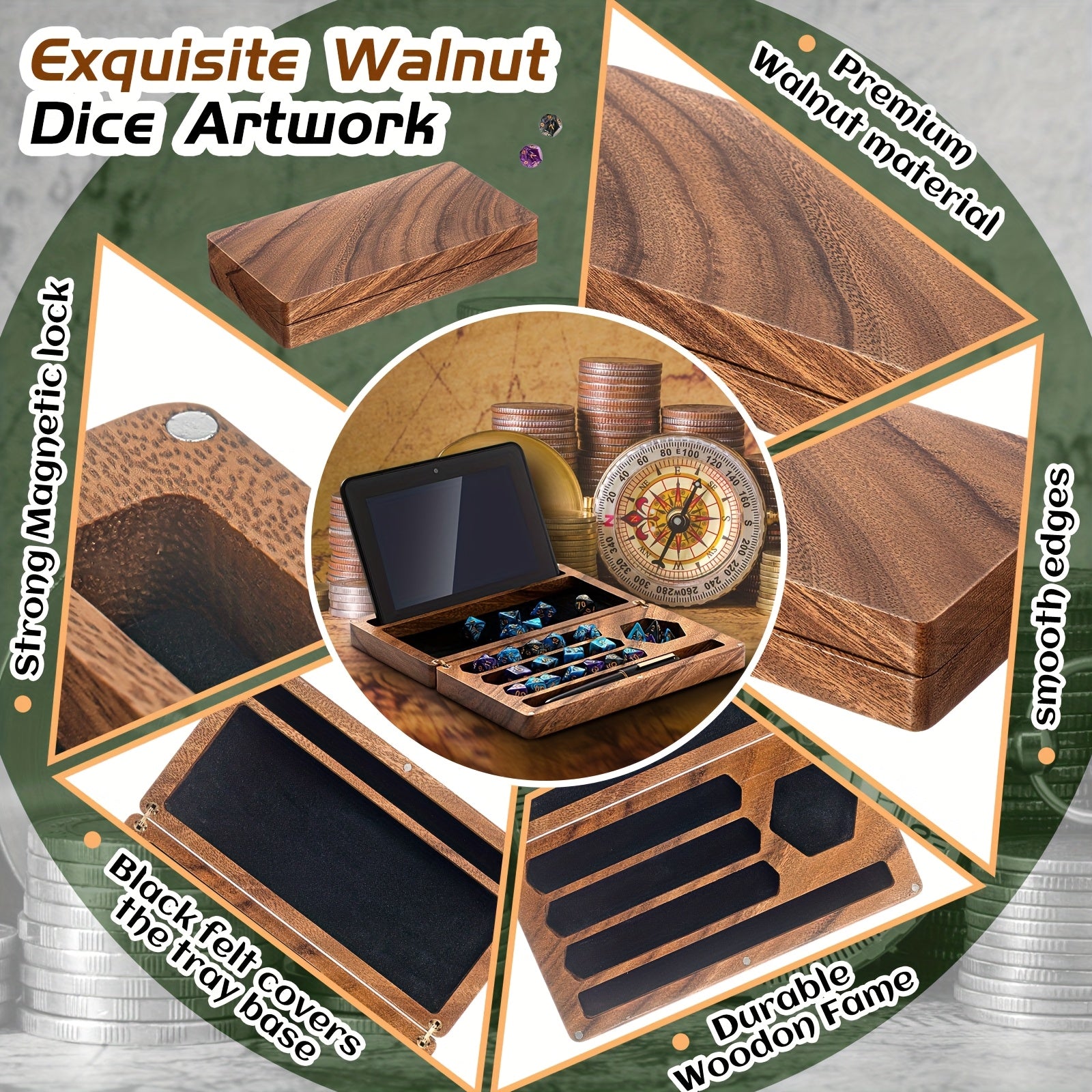 Handmade Walnut Dice Box 4.8x9" Flip Lid Magnetic Lock - Wood Dice Tray with Phone Stand for DnD RPG Board Games, Premium Dungeon Master Gift