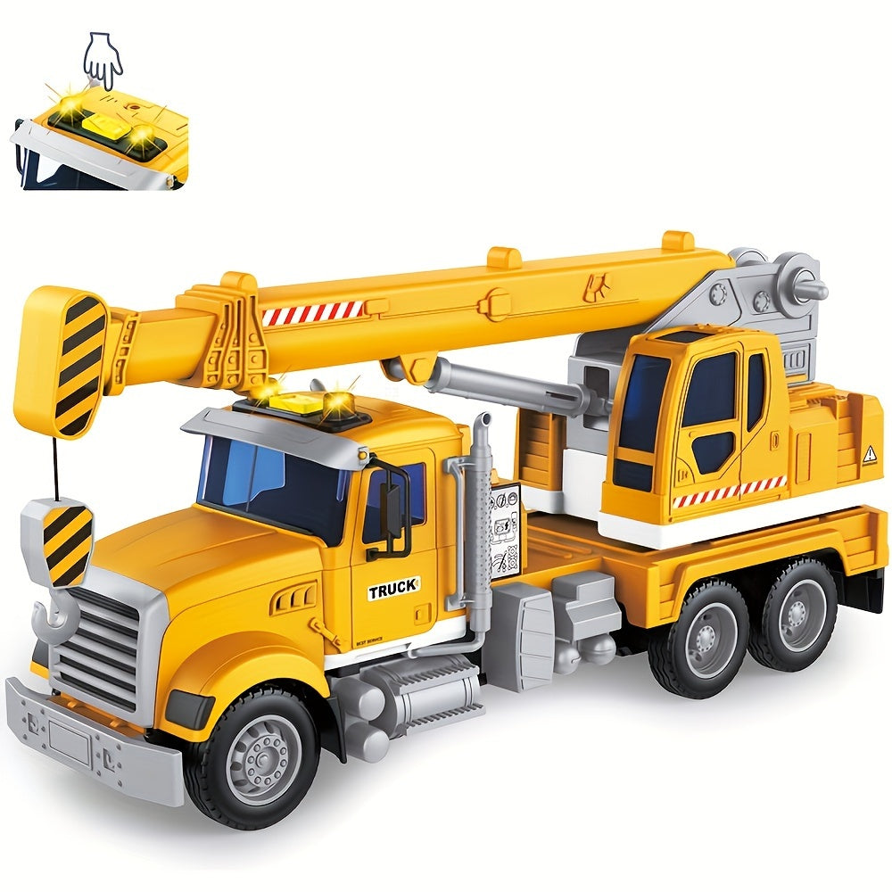 13-Inch Tow Truck Toy for Kids with Lights & Sounds – Friction Powered Transport Crane Truck with Movable Arm & Roadster, Birthday Gift for Boys Ages 3 4 5 6