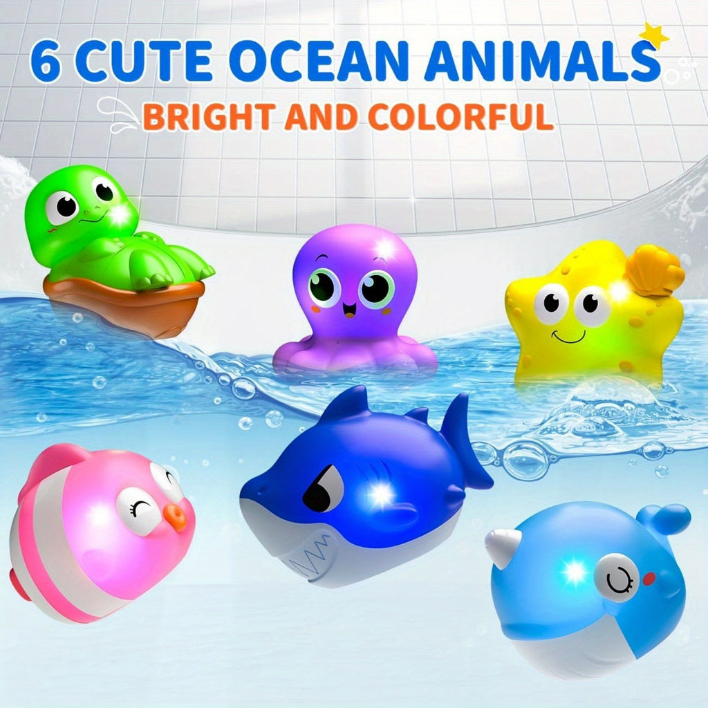 Light Up Bath Toys Sea Animals for Baby Toddlers - Glow in Water Bathtub Pool Toy Set 2 6 8 10 Pcs, Colorful Ocean Animal Water Toys, Birthday Gift for Boys Girls