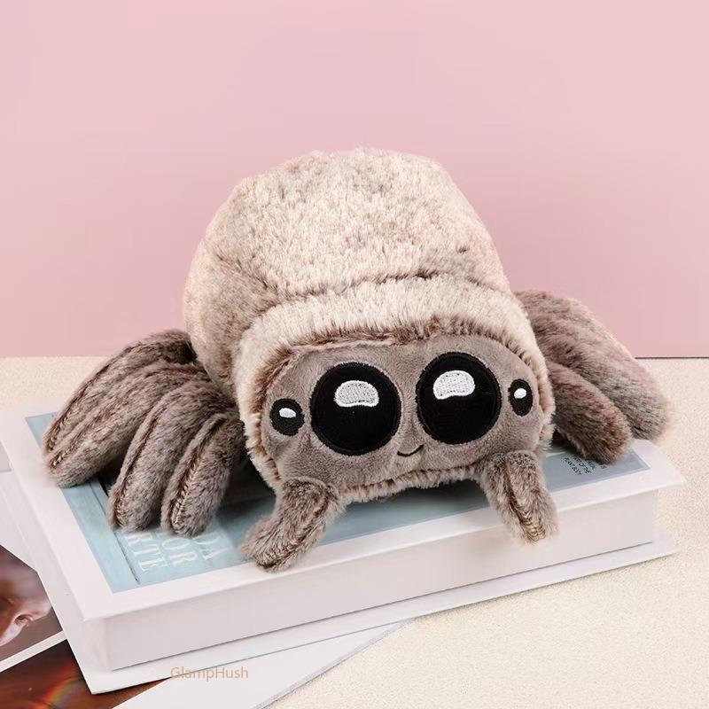 Huggable Spider Plush Figurine - Soft Fluffy Polyester Stuffed Animal Decoration, Squishy Fidget Poseable Toy, Halloween Party Supplies & Spooky Cute Home Decor, Fun Gift for Kids Adults Spider Lovers, Brown Gray Black
