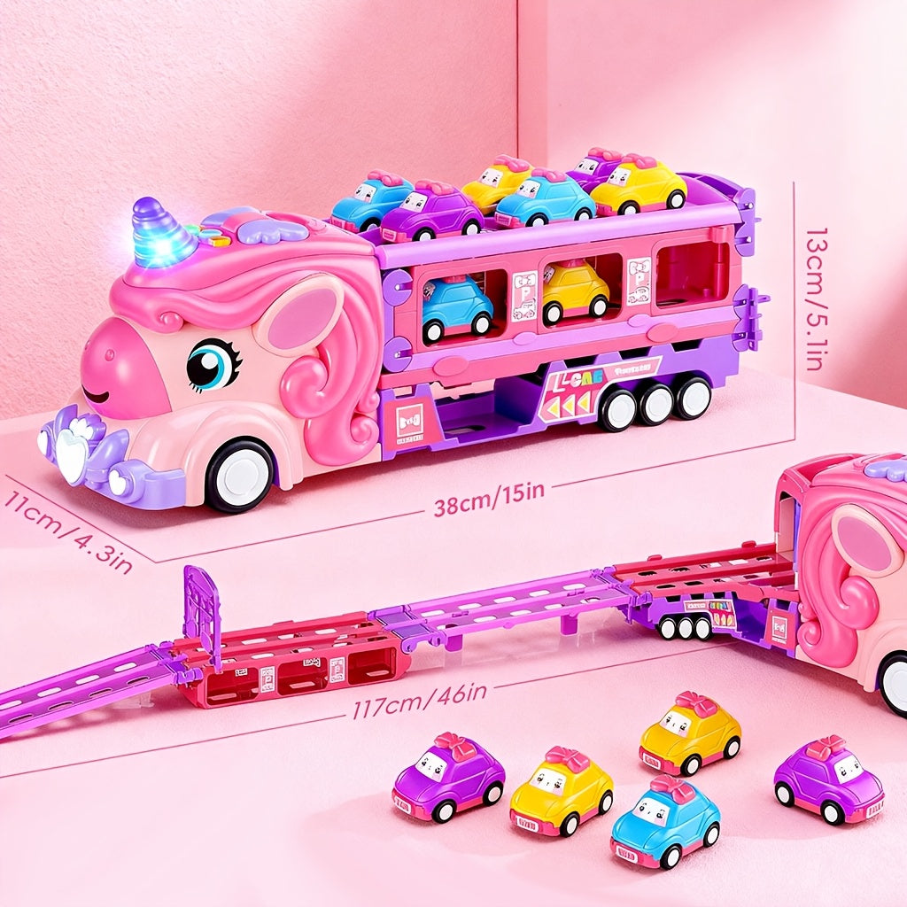 Pink Monster Truck Track Set with 8 Princess Cars – Light & Sound Friction Power, 2-Player Fold-Out Race Track Toy for Girls Boys Ages 3 4 5