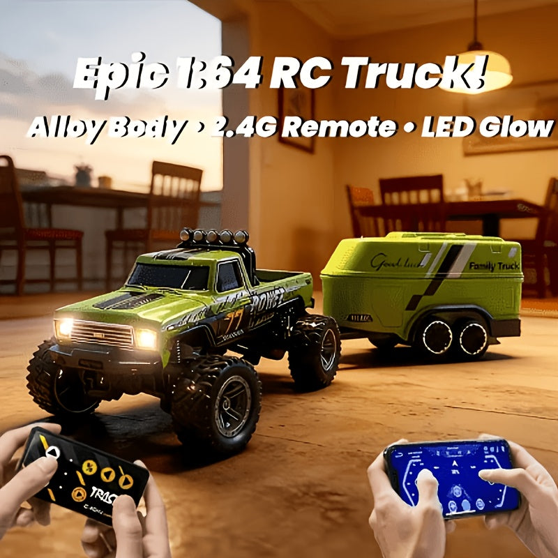 RC Monster Truck with Trailer App Controlled Alloy Die-Cast 3-Speed Heavy-Duty Suspension Underbody LED Lights USB Rechargeable Indoor Outdoor Kids Gift