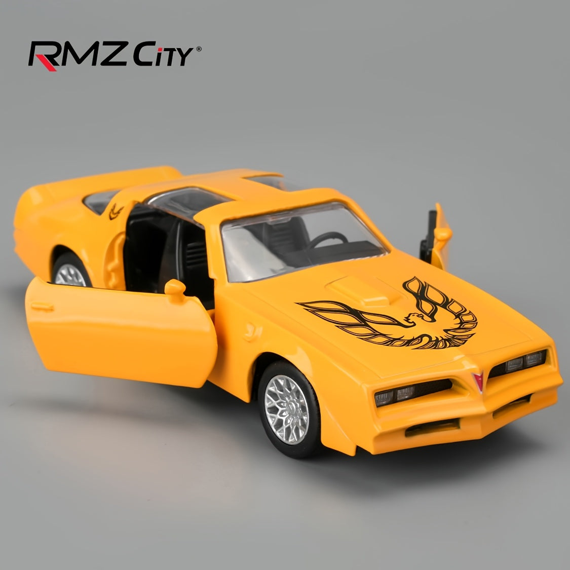 Pontiac Firebird Die Cast Toy Car 1:36 Scale RMZ – Zinc Alloy Openable Doors Pull-Back Muscle Car Model with Display Base, Collectible Gift for Boys Ages 3+
