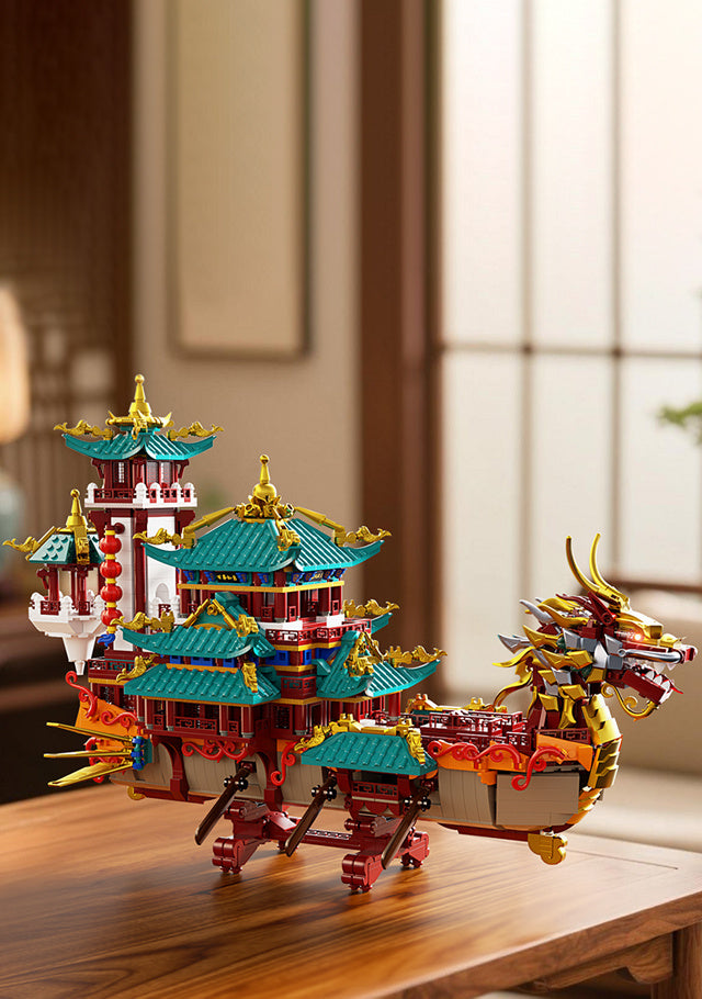 2453-Piece Dragon Boat Building Block Set Large Scale Chinese Dragon Boat Festival Model Kit - ABS Bricks Medium Difficulty, Unique Cultural Display Piece, Gift for Adults Teens Collectors