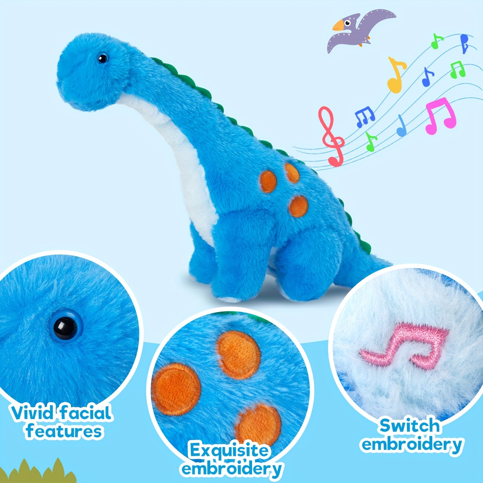 Musical Glowing Dinosaur Stuffed Animal Plush Toy 14 Inch with Light Up & Sound Effects - Soft Cute Dino Plushie Gift for Kids Boys Girls, Birthday Holiday Christmas Gift, Stress Relief Sensory Toy