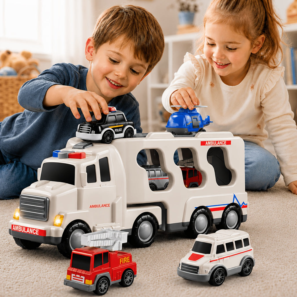 5-in-1 Emergency Vehicle Toy Set with Lights & Sounds – Friction Power Ambulance, Police Car, Fire Truck & Rescue Helicopter for Kids