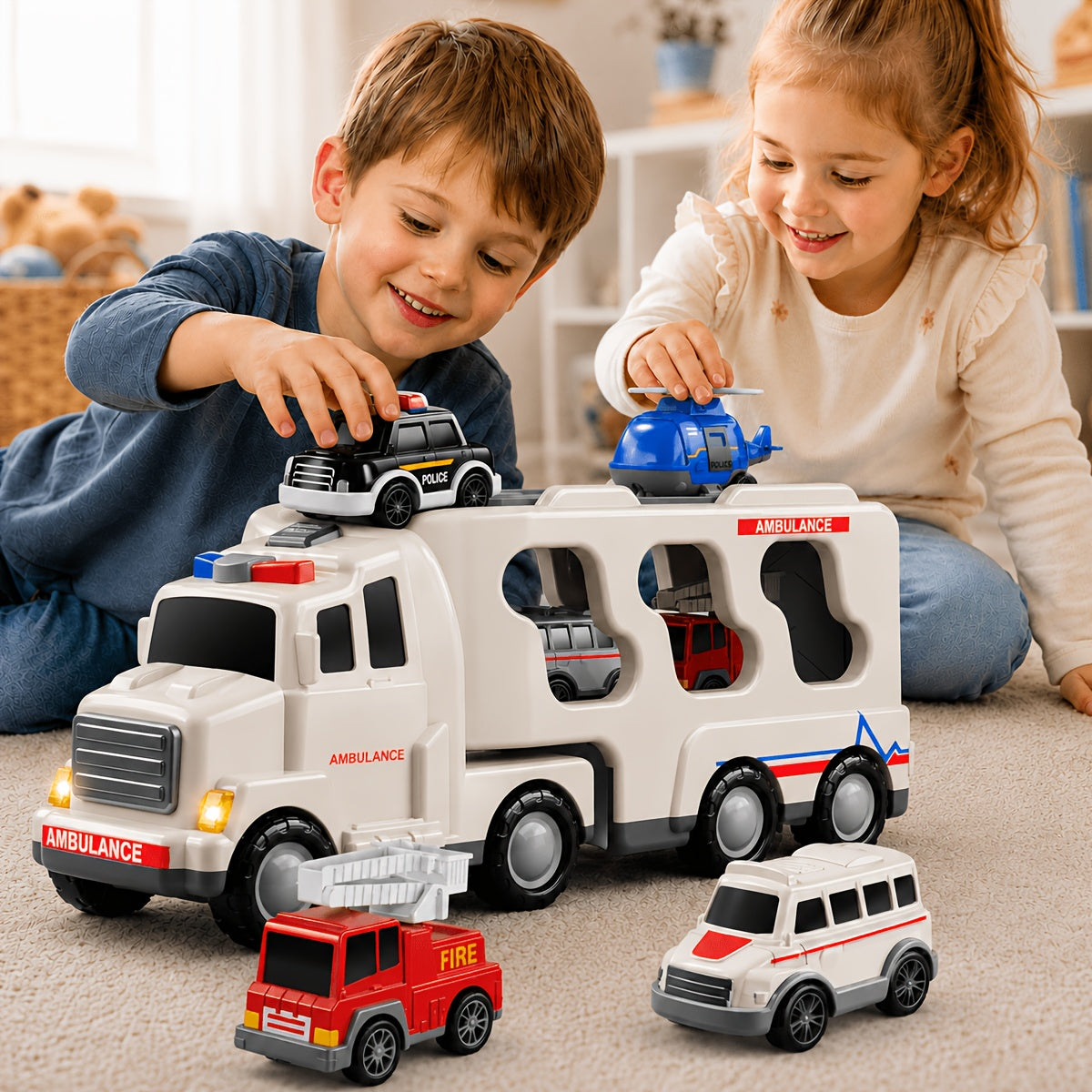 5-in-1 Emergency Vehicle Toy Set with Lights & Sounds – Friction Power Ambulance, Police Car, Fire Truck & Rescue Helicopter for Kids