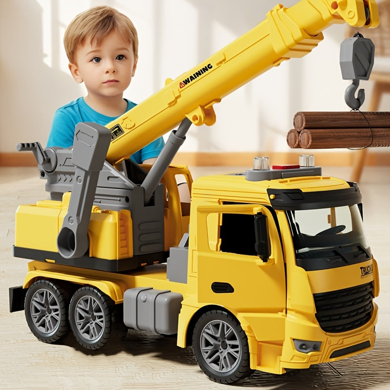 Inertia Crane Toy Engineering Vehicle with Interactive Track Telescopic Arm Double Doors No Battery Construction Truck for Kids Toddlers Ages 3+ Birthday Christmas