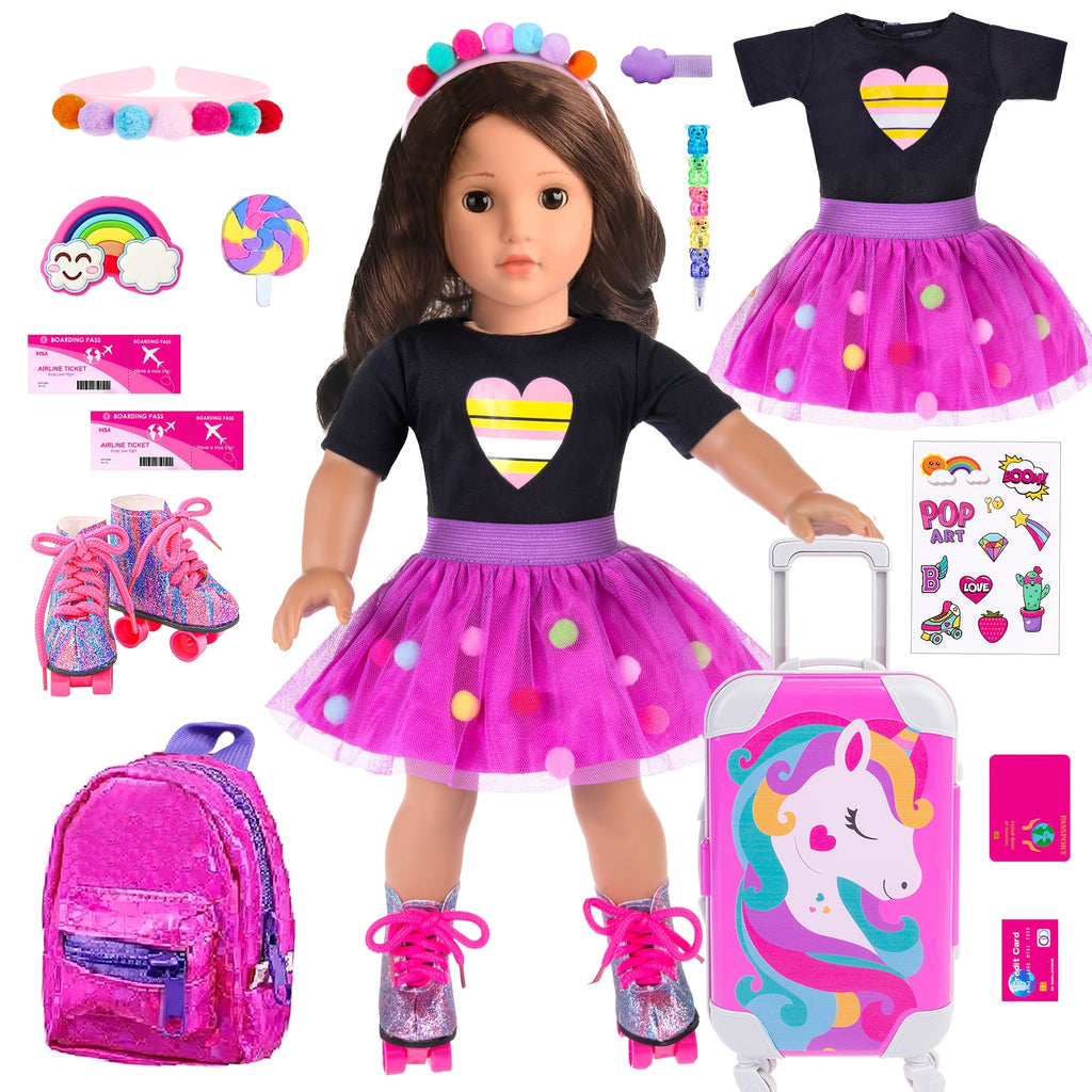 18 Inch Doll Travel Playset 25 Pcs – Unicorn Suitcase Roller Skates Backpack Dress Hairpins Passport Play Money & More Accessories for 18 Inch Dolls Gift for Girls Ages 3+